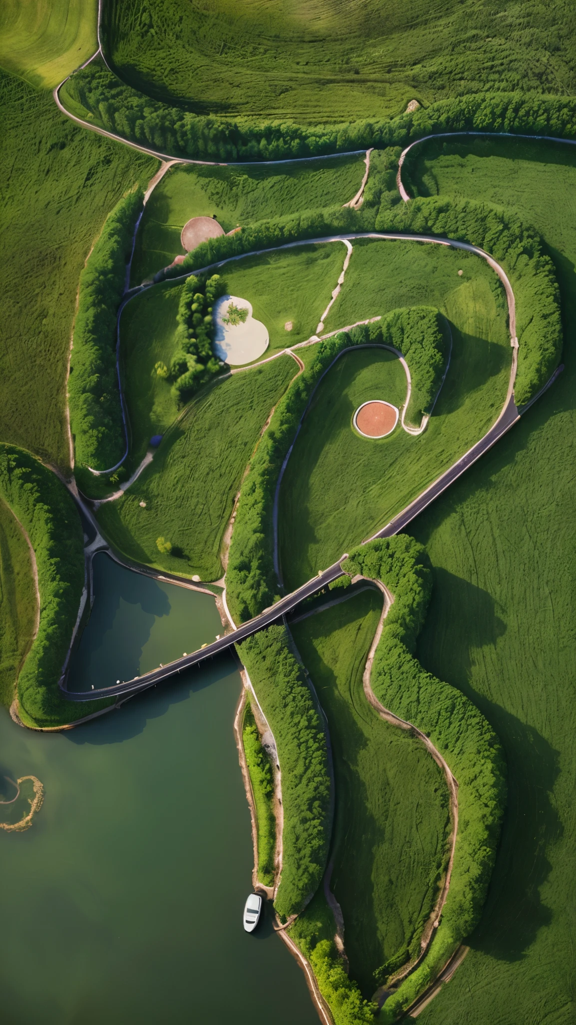 Aerial View，villa，grassland，river，creek，lake，trees，the way，car