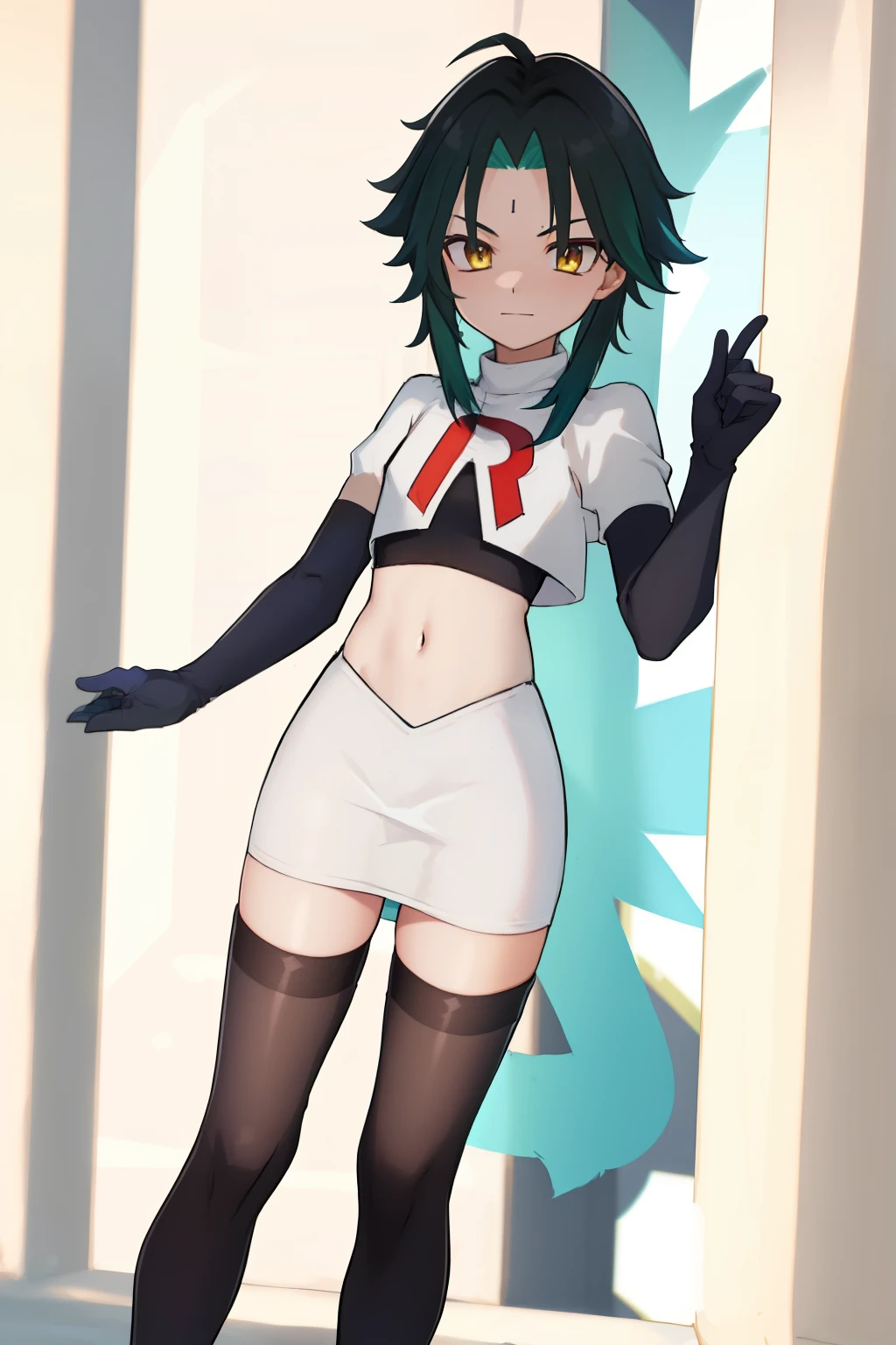 absurdres,xiao, 1boy, male focus, trap,green haired boy, yellow eyes, dead eyes, small gem on forehead,crossdressing,1boy,team rocket,team rocket uniform,white skirt,red letter R,crop top,black thigh-highs,black elbow gloves