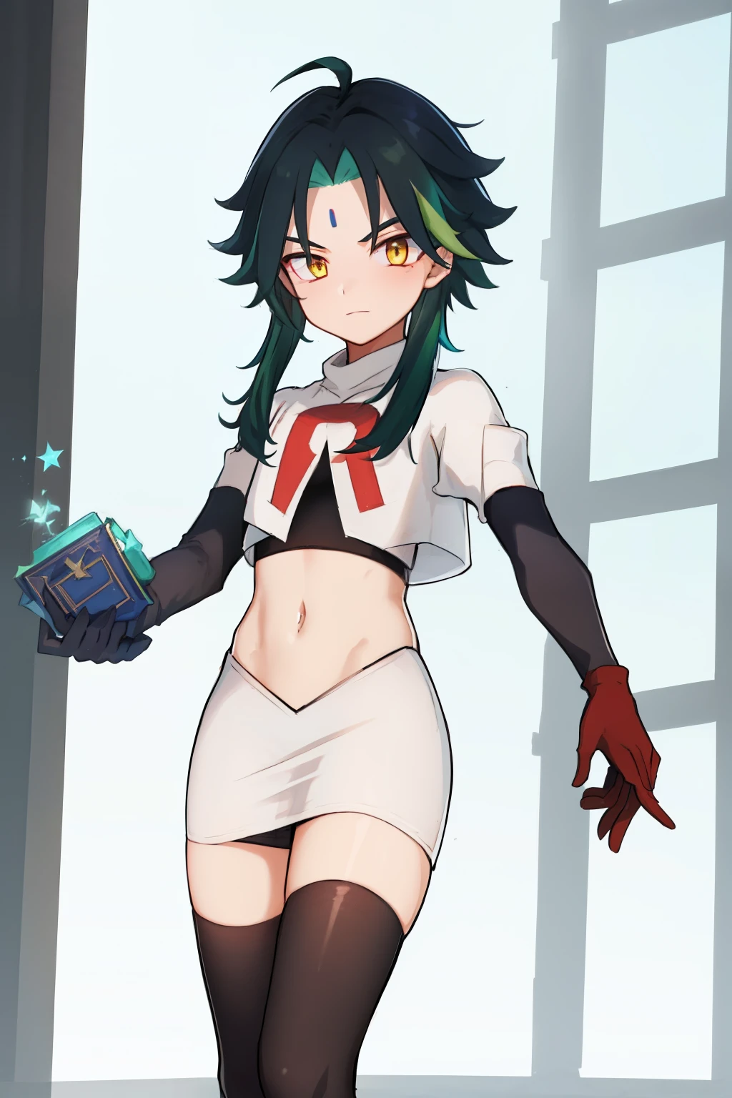 absurdres,xiao, 1boy, male focus, trap,green haired boy, yellow eyes, dead eyes, small gem on forehead,crossdressing,1boy,team rocket,team rocket uniform,white skirt,red letter R,crop top,black thigh-highs,black elbow gloves