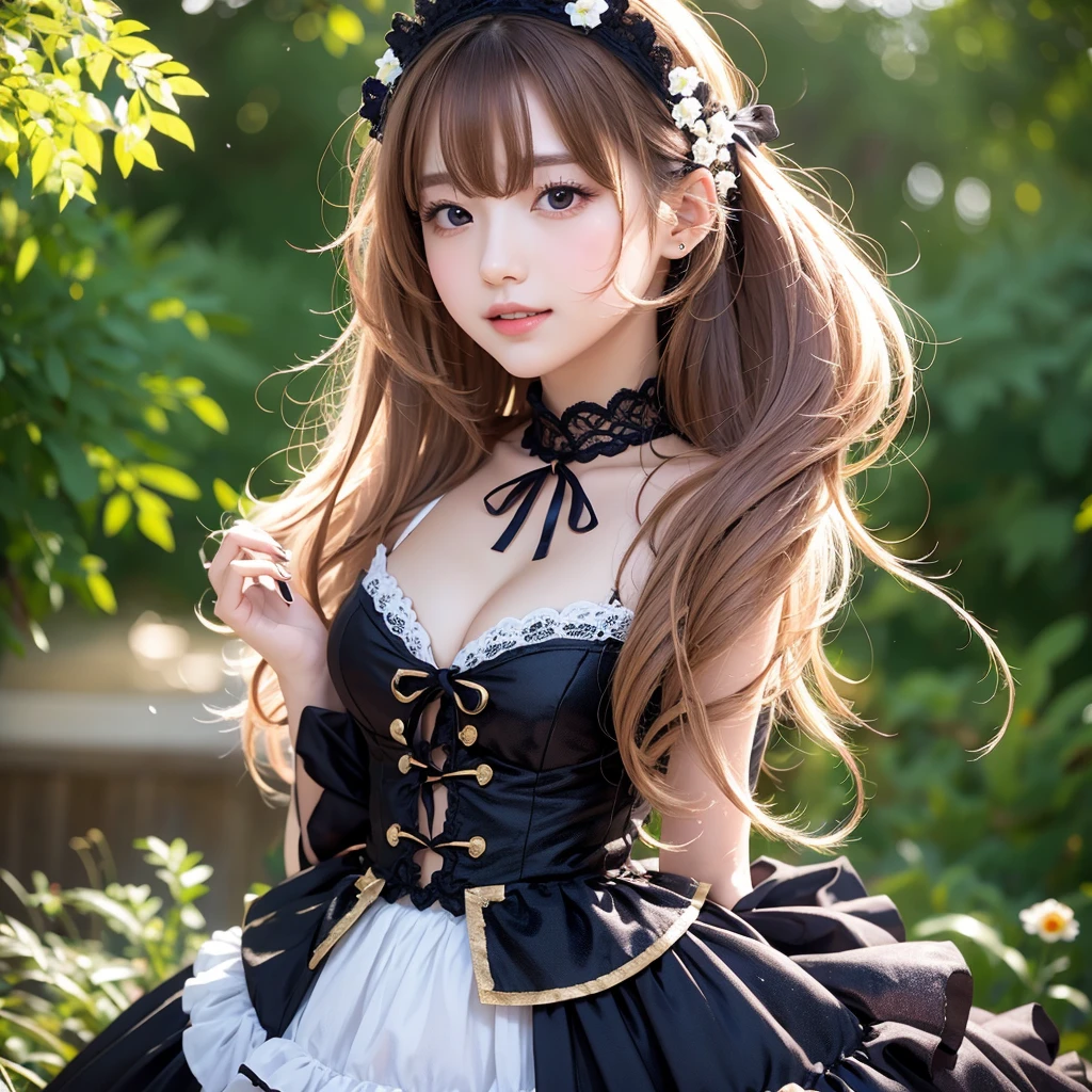 (((flat chest))),((1 girl)),((solo)),((highest quality)), (masterpiece),((High resolution)),beautiful girl,model,Japanese,Random hair color,Single-lens reflex camera,black gothic lolita costume,English garden,golden luxury decoration,Pink underwear is slightly visible,movie lighting,cute pose,Smile,blush,