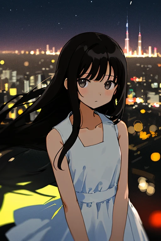 illustration/ 1 👧➕🙂/ upper body/ Eye's➕🌌/ looking at viewer/ (Fine and straight long hair➕Black hair)/ The background can be seen between the fine hair/ thin line/ collarbone/ white dress/ sleeveless/ Simple clothes without decoration/ Delicately detailed and delicately drawn, Roughly drawn lines/ Roughly painted colors/ (🏙️➕🌃:1.2)/ Bokeh/ Blurred Backgrounds/ depth of field/ Aerial perspective/ Roughly simplified and drawn background/