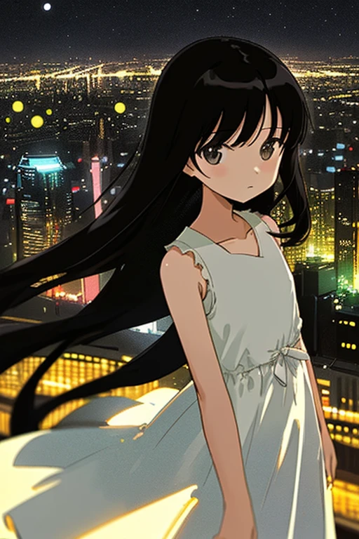 illustration/ 1 👧➕🙂/ upper body/ Eye's➕🌌/ looking at viewer/ (Fine and straight long hair➕Black hair)/ The background can be seen between the fine hair/ thin line/ collarbone/ white dress/ sleeveless/ Simple clothes without decoration/ Delicately detailed and delicately drawn, Roughly drawn lines/ Roughly painted colors/ (🏙️➕🌃:1.2)/ Bokeh/ Blurred Backgrounds/ depth of field/ Aerial perspective/ Roughly simplified and drawn background/
