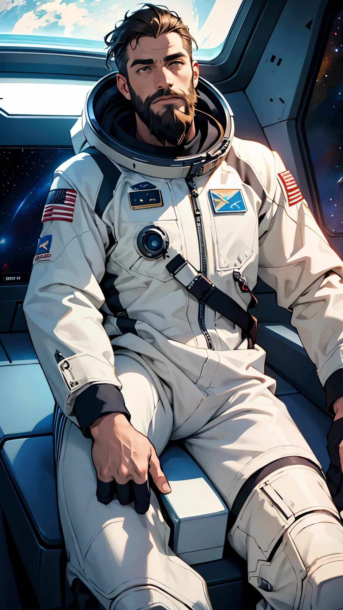 1man, spacesuit, sit, beard, in spaceship