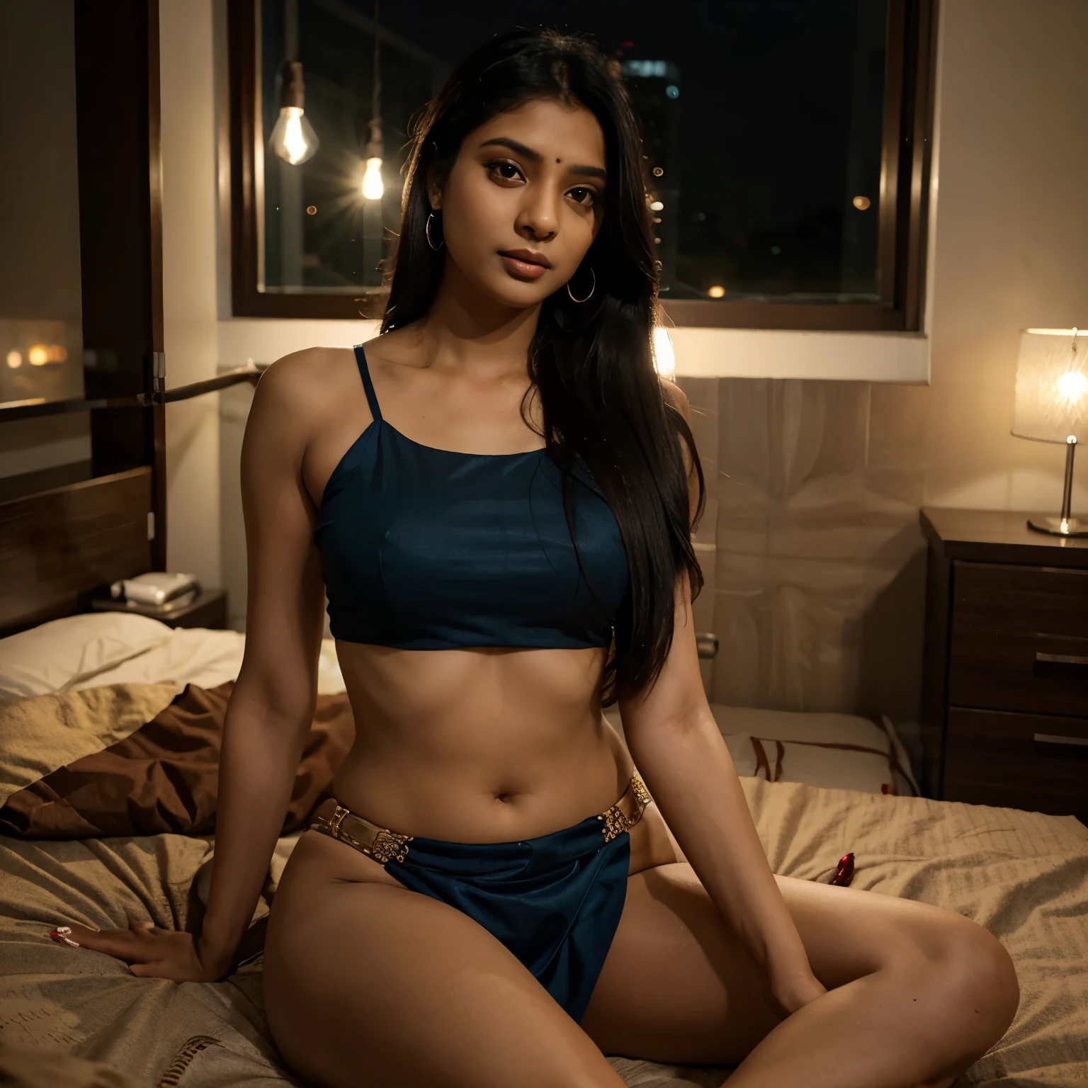 Indian 25 year old girl in saree sitting on bed, looking at viewer, night outside room, beautiful, hot, ear rings, 8k, masterpiece, long straight hair, black hair, accurate detail