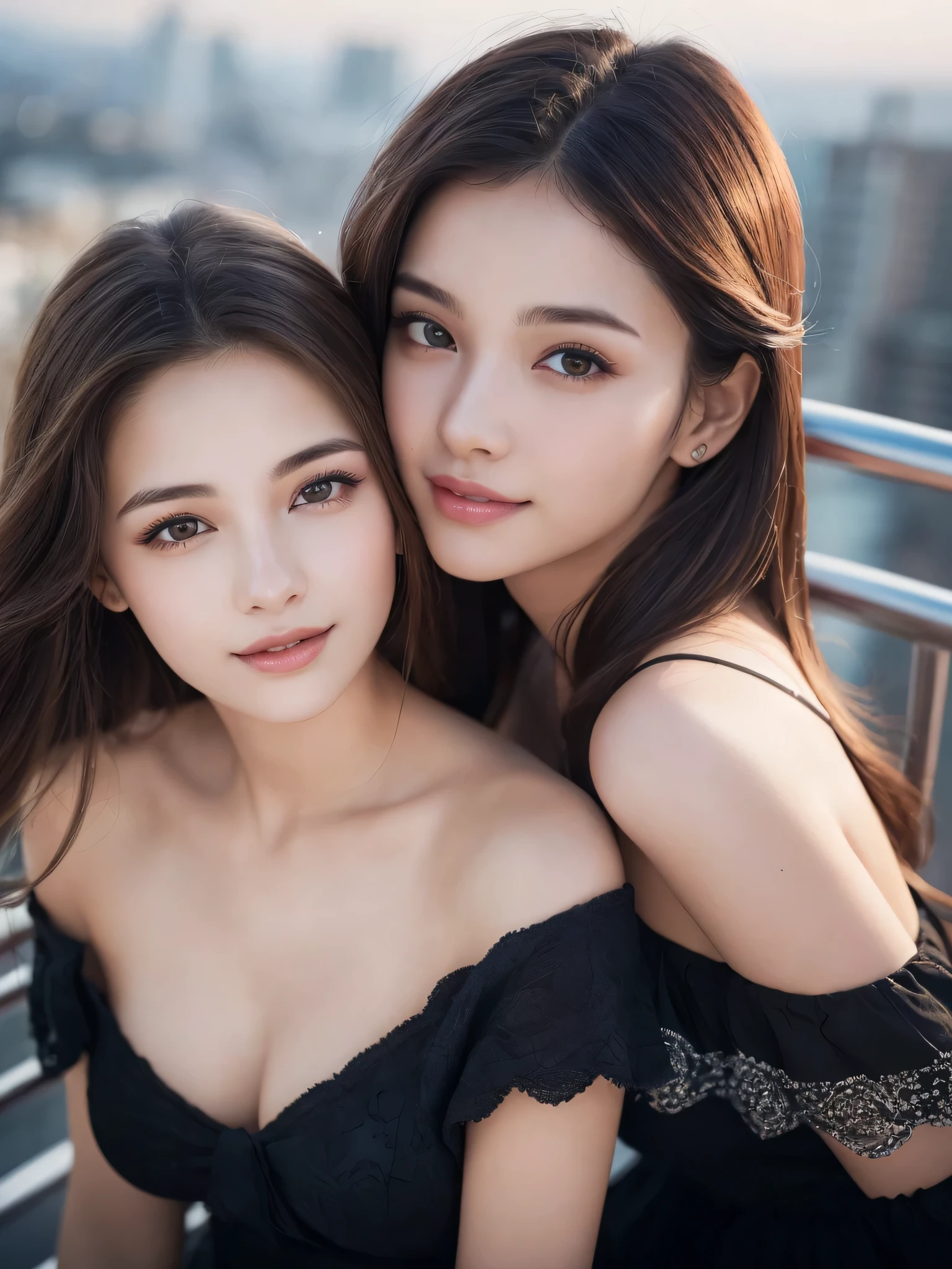 (2girls:1.3), (Ultra realistic, high res), (highly detailed eyes, highly detailed hair, highly detailed face, highly detailed plump lips), (off shoulder with open breasts), upper body, caute smile, (best quality:1.4), Raw photo, (realistic, photo-realistic:1.37), professional photography, cinematic light, (fine face: 1.2), (view from above),