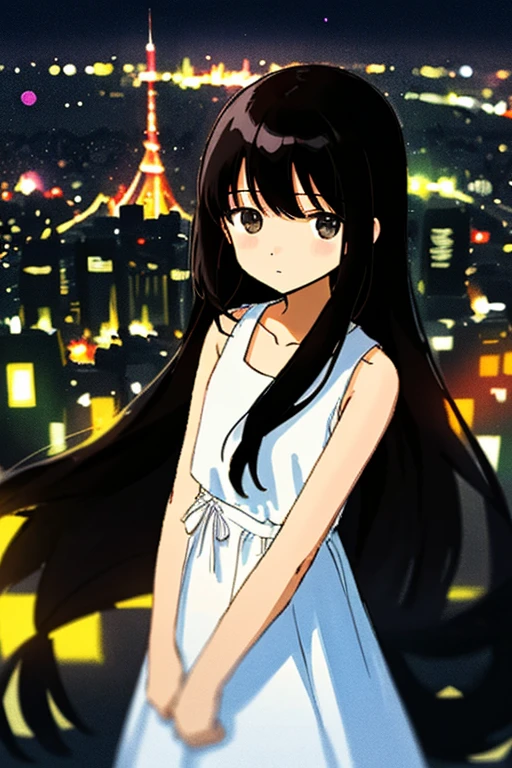 illustration/ 1 👧➕🙂/ upper body/ Eye's➕🌌/ looking at viewer/ (Fine and straight long hair➕Black hair)/ The background can be seen between the fine hair/ thin line/ collarbone/ white dress/ sleeveless/ Simple clothes without decoration/ Delicately detailed and delicately drawn, Roughly drawn lines/ Roughly painted colors/ (🏙️➕🌃:1.2)/ Bokeh/ Blurred Backgrounds/ depth of field/ Aerial perspective/ Roughly simplified and drawn background/
