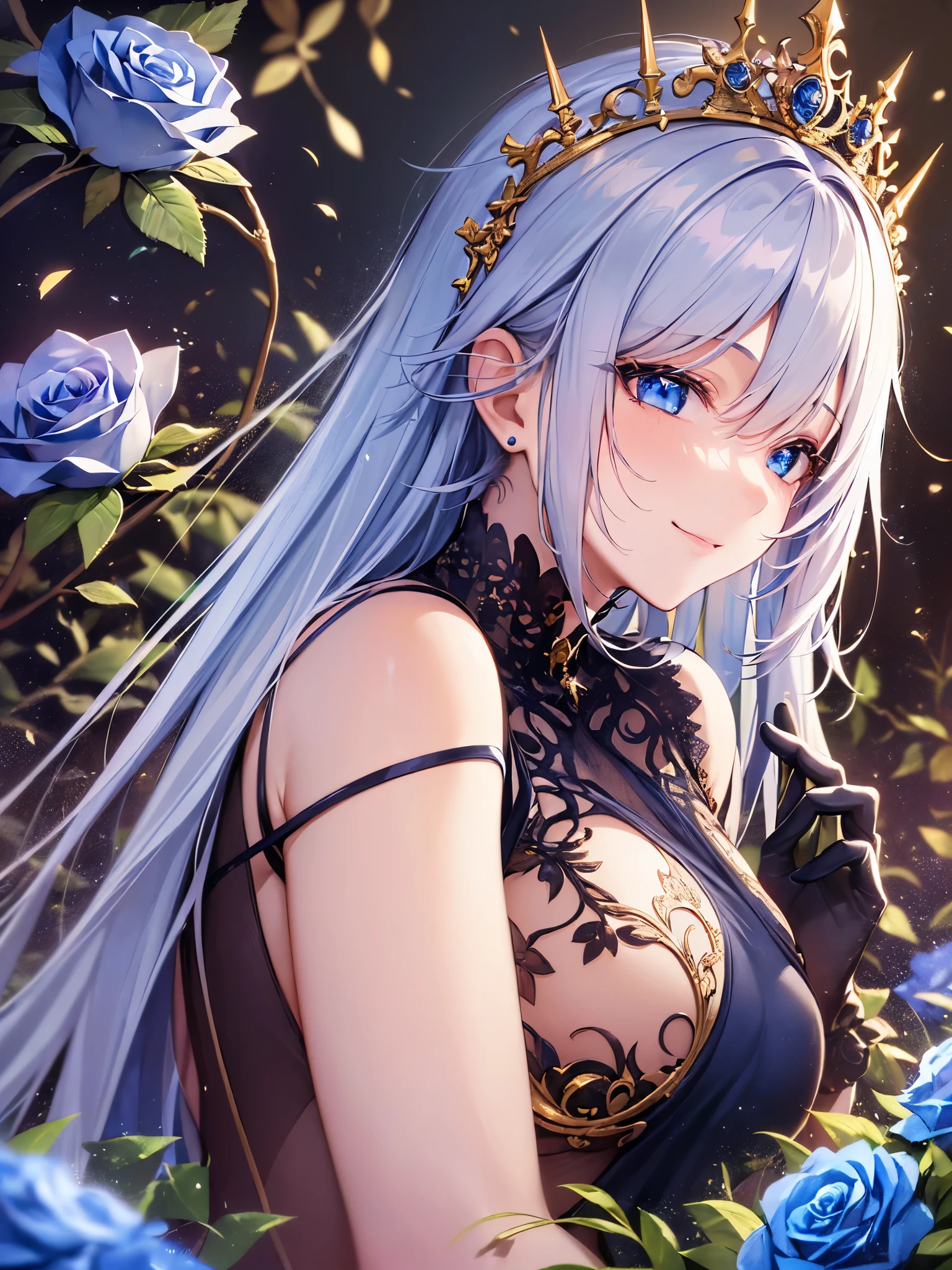 ((highest quality)),(ultra high resolution),(Super detailed),(detailed description),((best CG)),(best work of art),super precision art,amazing drawing art,(Fantasy art with precise details:1.5), (1 girl:1.5),((aristocratic daughter:1.6)),(beautiful and well-shaped face:1.5),(innocent smile:1.5),(deep blue eyes:1.5),(Luxurious backless dress with intricate details:1.6),(Tiara with sparkling gems embedded in it:1.4),(blue roses surrounding her:1.4),Evening gloves with golden embroidery:1.5, (A detailed rose garden:1.4),