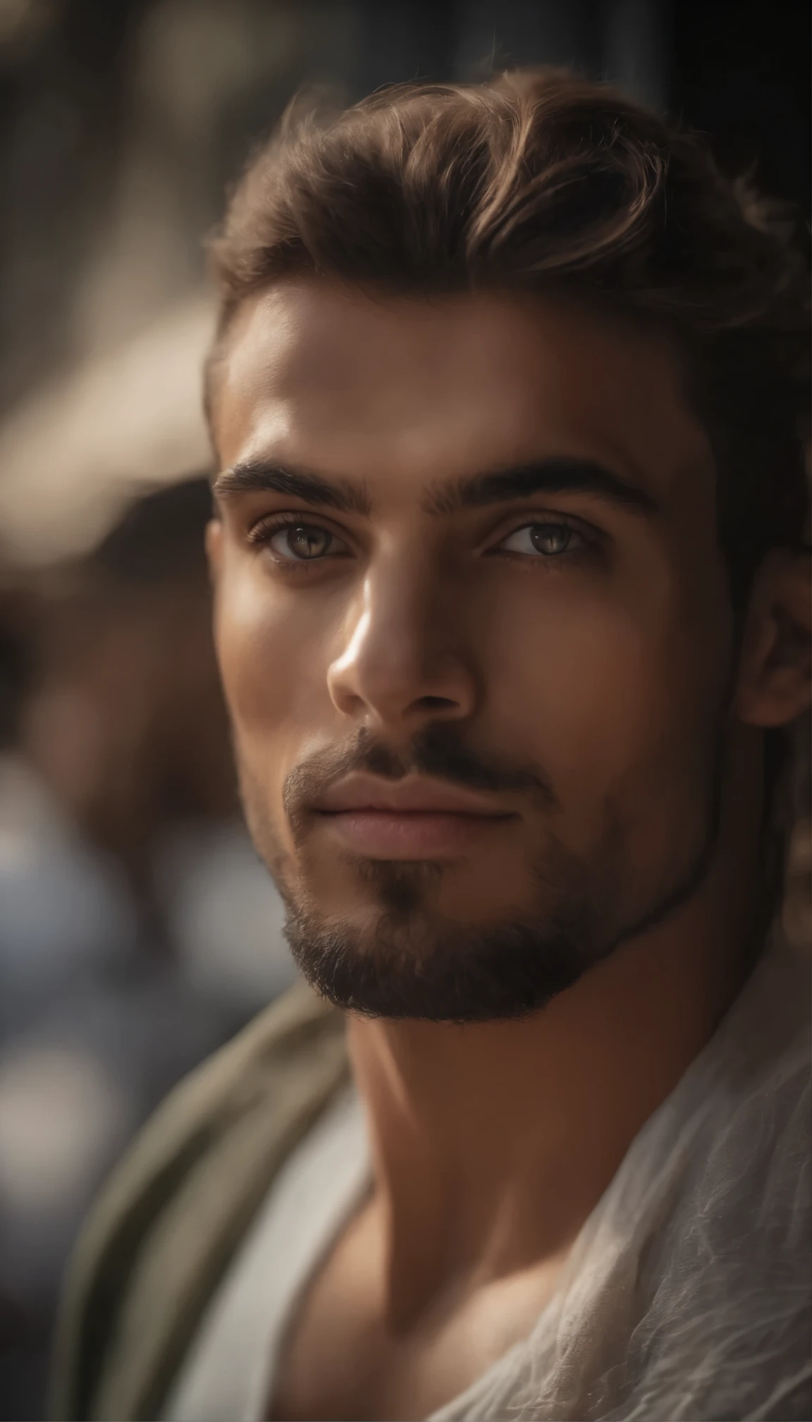(melhor qualidade,4k,8K,high resolution,obra de arte:1.2),ultra-detalhado,(Realista,photoRealista,photo-Realista:1.37),Macho,homem de 26 anos,barba detalhada,piercing gaze at the camera,olhos lindos,olhos expressivos,Luz solar natural,Sombras sutis,queixo forte,olhar intenso,cabelo escuro,pose elegante,confident expression,studio lighting,sharp focus,cores vivas,bokeh,portrait photography is in the city  