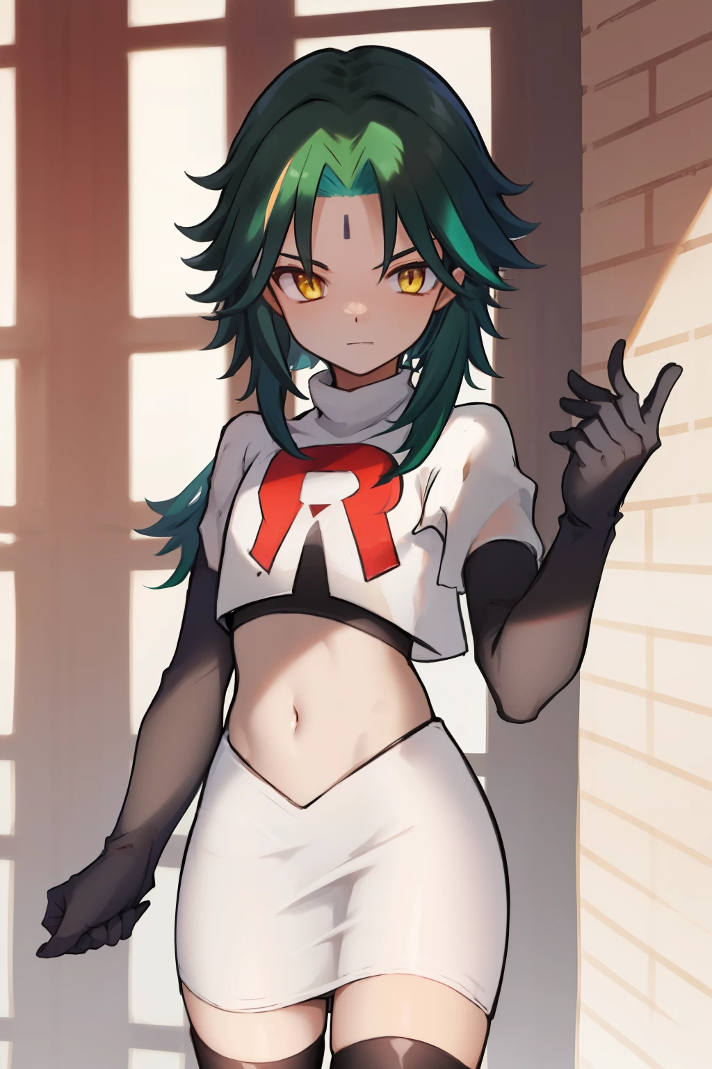 absurdres,xiao, 1boy, male focus, trap,green haired boy, yellow eyes, dead eyes, small gem on forehead,crossdressing,1boy,team rocket,team rocket uniform,white skirt,red letter R,crop top,black thigh-highs,black elbow gloves