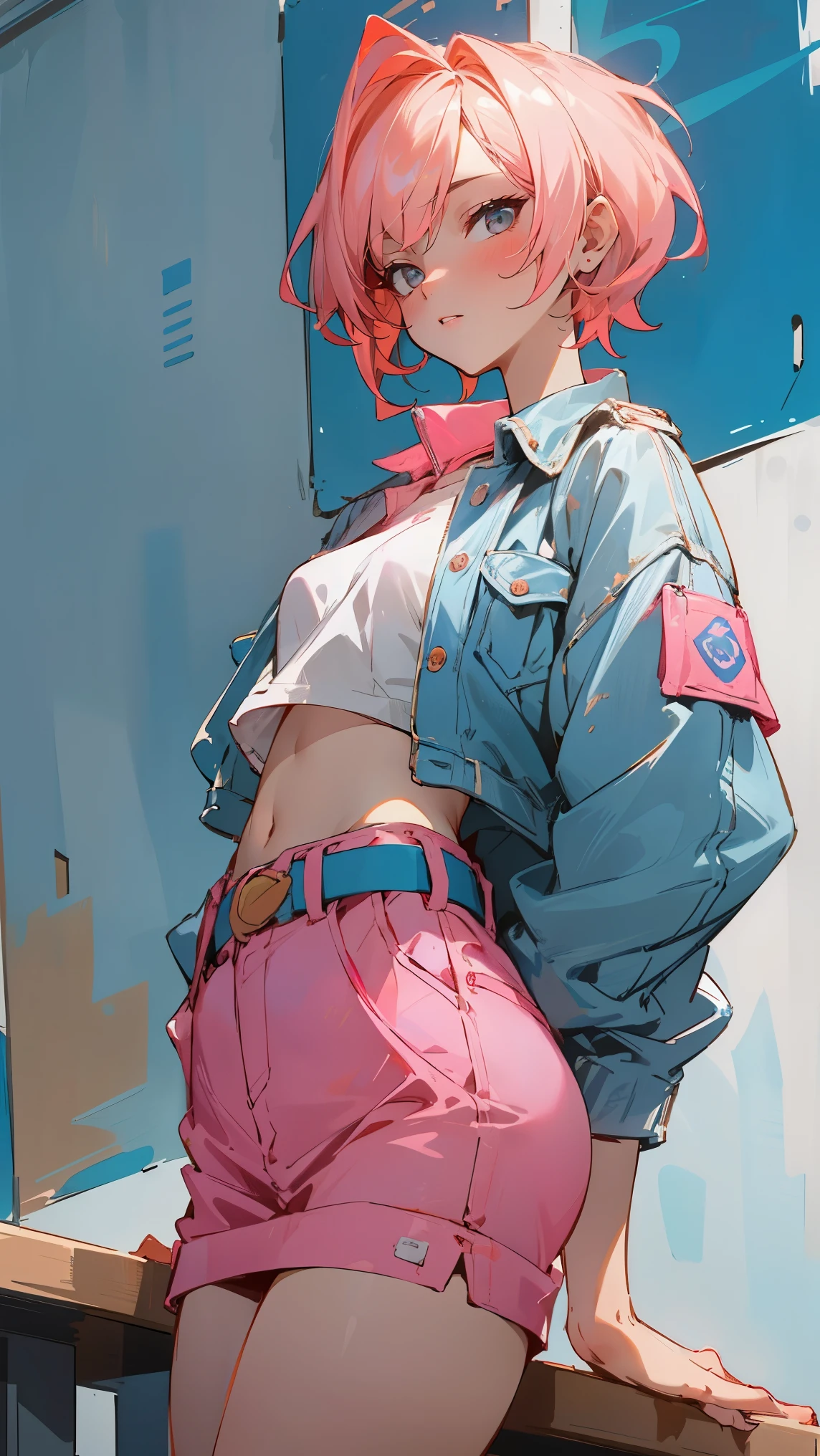 (on the table, best quality) detailed, 1character , blue archive art style , Wearing a light blue jacket, pink belt , Outfit inspired by BLACKPINK, crop top,stunning woman , short hair , blonde hair , orange eyes , no students , pink lips , pale skin , 26 years old,
, Soft color fade , Cell shadowing ,
