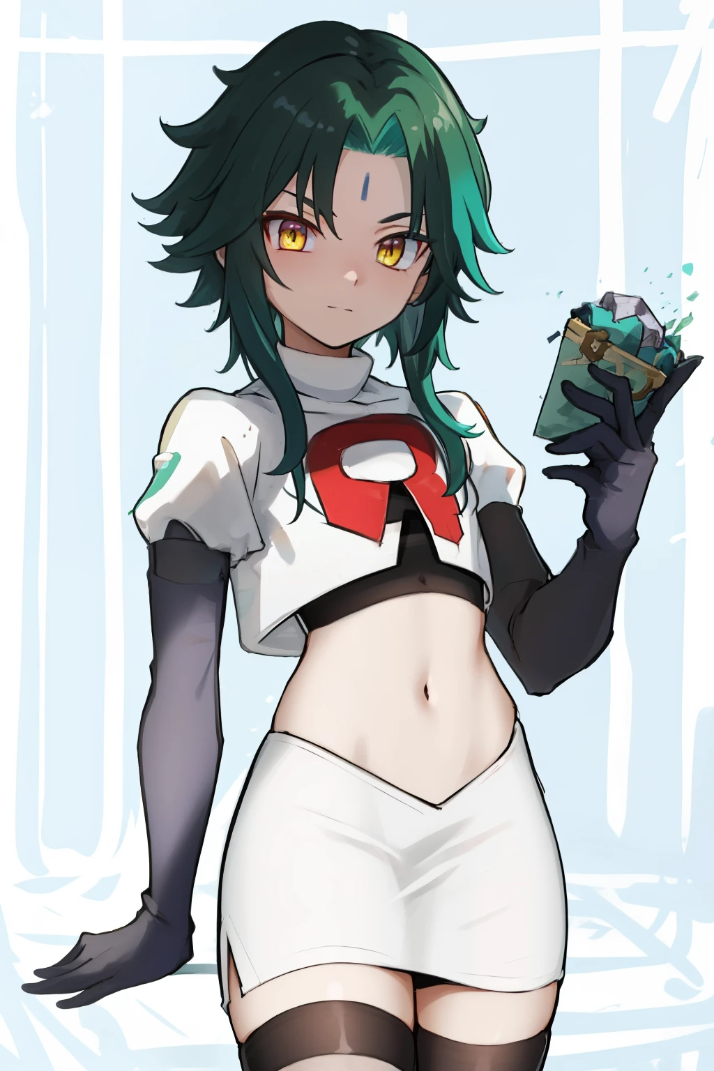 absurdres,xiao, 1boy, male focus, trap,green haired boy, yellow eyes, dead eyes, small gem on forehead,crossdressing,1boy,team rocket,team rocket uniform,white skirt,red letter R,crop top,black thigh-highs,black elbow gloves