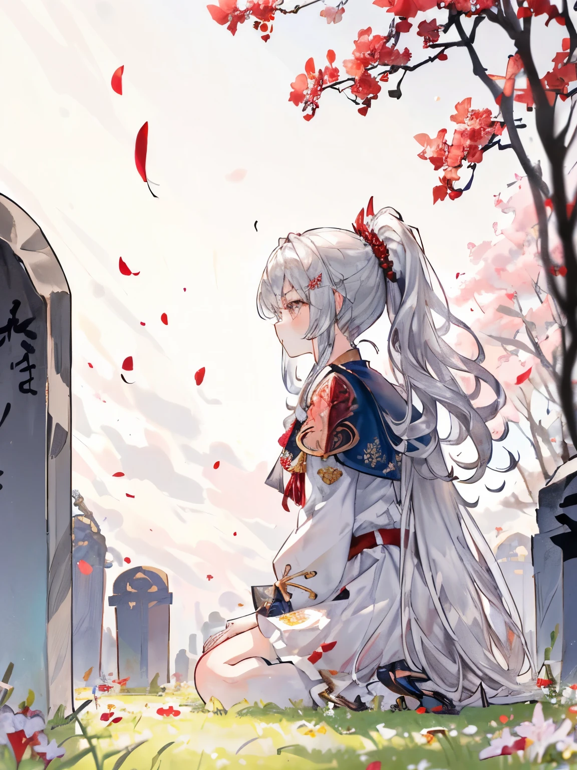 girl,Fluffy and curly hair,(Silvery shiny hair:1.2),ponytail,(Noble knight appearance:1.3),(profile:1.4),(Side view:1.3),Hair and clothes blowing in the wind,(The fluttering hem of clothes),(Flower field with a large amount of red and white petals),(朧月:1.4),((angle from below:1.2)),((A richly decorated grave marker:1.3)),((sit down as if clinging to a tombstone:1.25)),(close up of face:1.3)