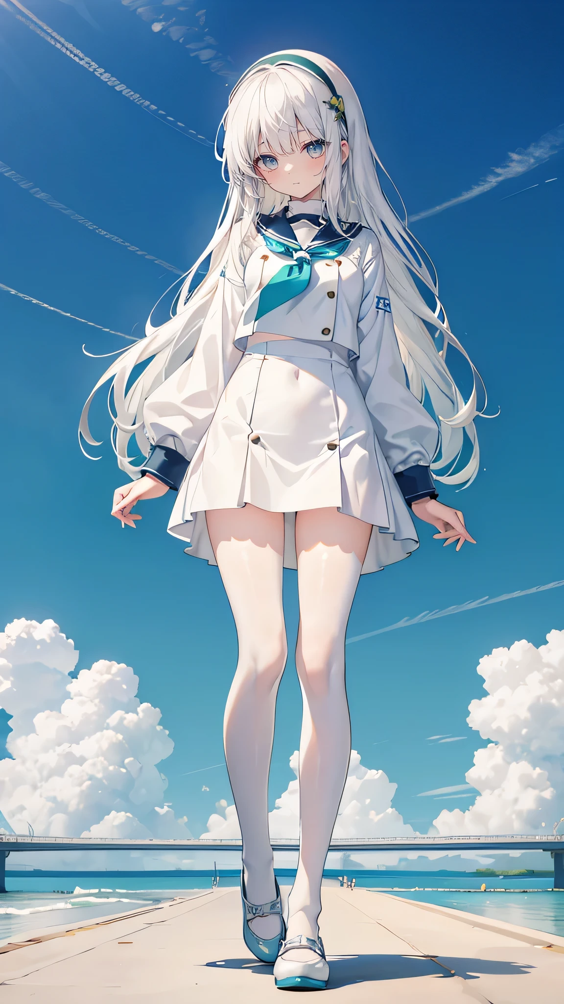 white hair,long hair,Bangs,Bangs整齐,green hair band,gray eyes,girl,Lovely,Body is very thin, JK sailor suit,White silk pantyhose,Wear small leather shoes on your feet,whole body,stand on the ground,Does not expose fingers,The background is blue sky and white clouds