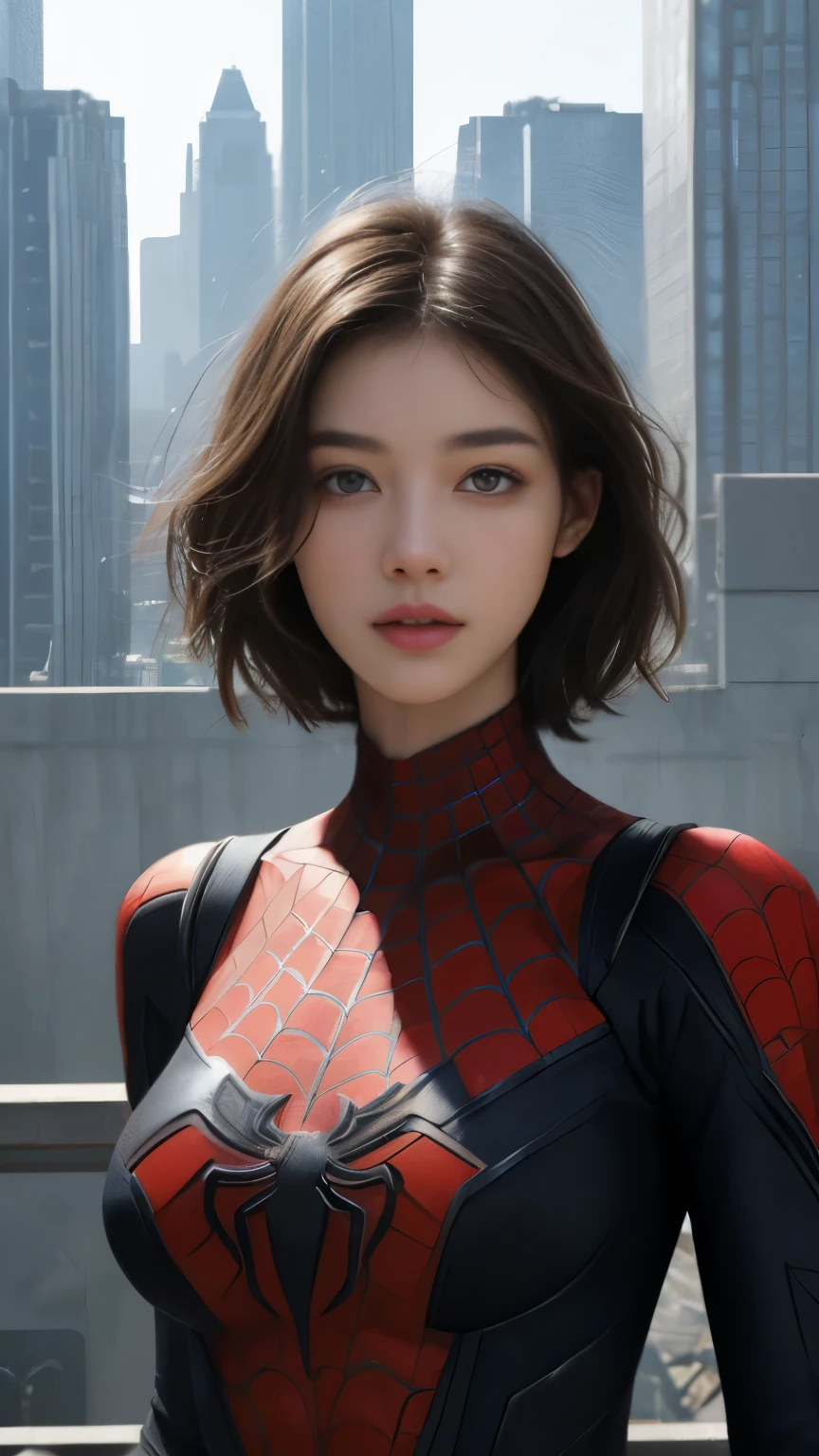 (1girl:1.3), Solo, (((Very detailed face)))), ((Very detailed eyes and face)))), Beautiful detail eyes, Body parts__, Official art, Unified 8k wallpaper, Super detailed, beautiful and beautiful, beautiful, masterpiece, best quality, original, masterpiece, super fine photo, best quality, super high resolution, realistic realism, sunlight, full body portrait, amazing beauty, dynamic pose, delicate face, vibrant eyes, (from the front), She wears Spider-Man suit, red and black color scheme, spider, very detailed city roof background, rooftop, overlooking the city, detailed face, detailed complex busy background, messy, gorgeous, milky white, highly detailed skin, realistic skin details, visible pores, clear focus, volumetric fog, 8k uhd, DSLR, high quality, film grain, fair skin, photo realism, lomography, futuristic dystopian megalopolis, translucent,cool beauty,tall girl,short hair,Precisely expresses details such as face and skin texture,beautiful eye, double eyelid,delicate skin,slender body shape,alone,big breasts,