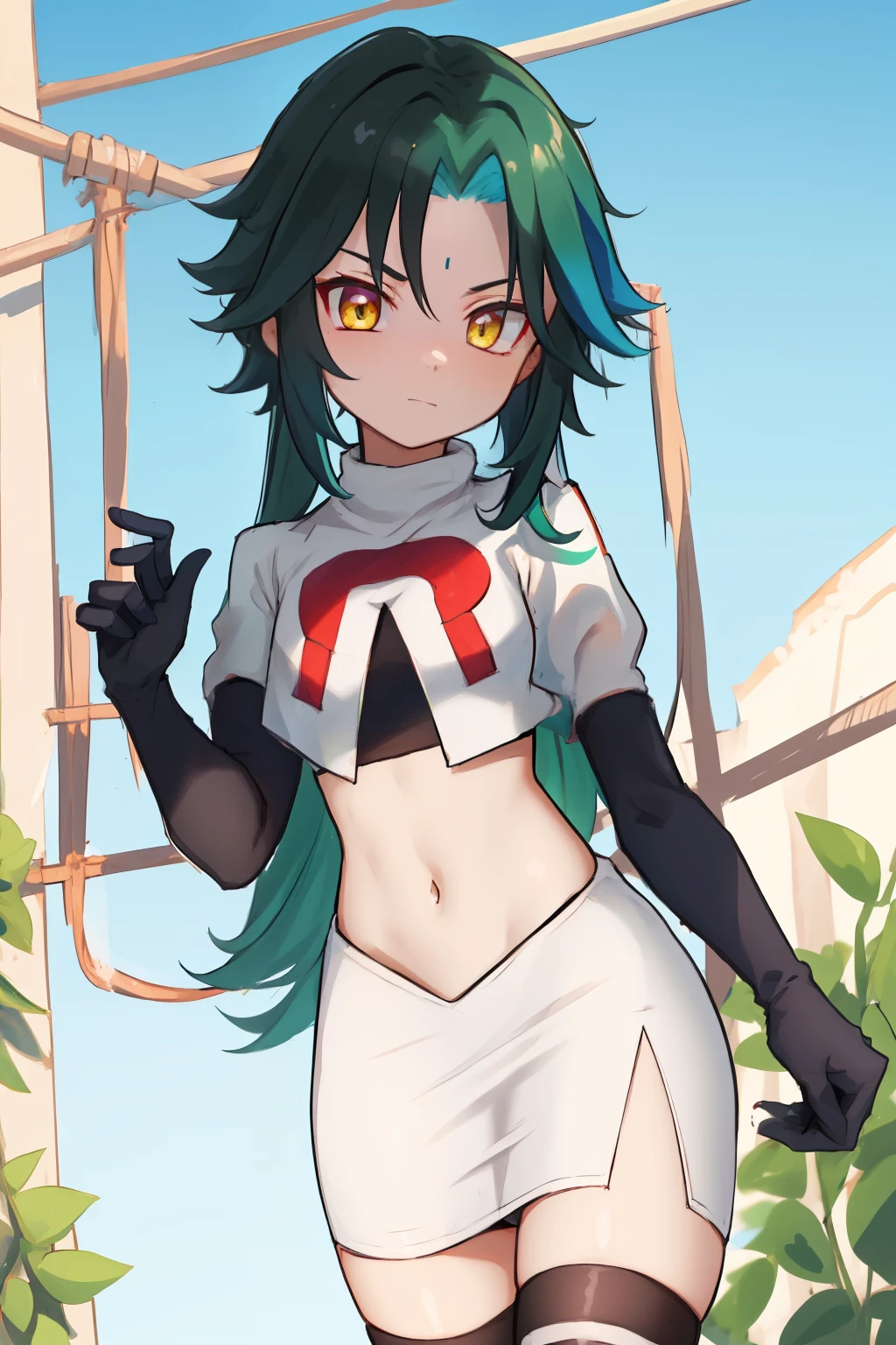 absurdres,xiao, 1boy, male focus, trap,green haired boy, yellow eyes, dead eyes, small gem on forehead,crossdressing,1boy,team rocket,team rocket uniform,white skirt,red letter R,crop top,black thigh-highs,black elbow gloves