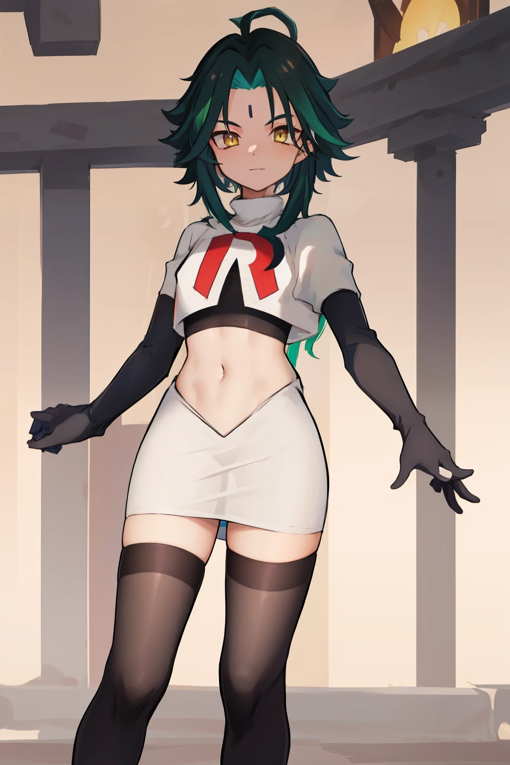 absurdres,xiao, 1boy, male focus, trap,green haired boy, yellow eyes, dead eyes, small gem on forehead,crossdressing,1boy,team rocket,team rocket uniform,white skirt,red letter R,crop top,black thigh-highs,black elbow gloves
