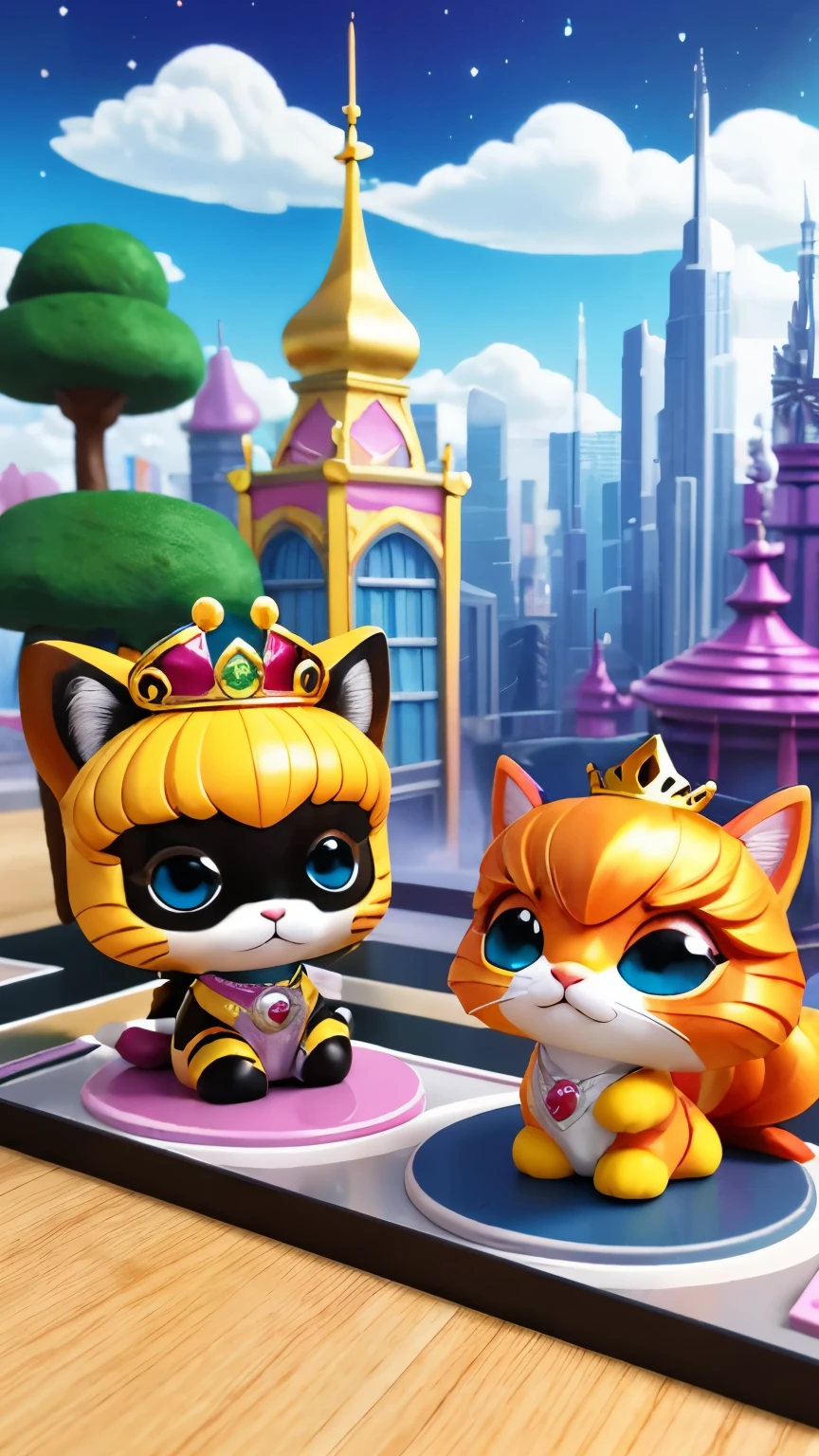 there is a small toy cat with a crown on top of it, vinyl toy figurine, art toys collectible figurine, pvc figurine, art toy, highly detailed toy, king pepe with rainbow wig, shui mo hua, simba, king, world boss kitten, detailed image, god of cats, plastic toy, gilded lotus princess, posable pvc, 3 d littlest pet shop cat, futuristic city background