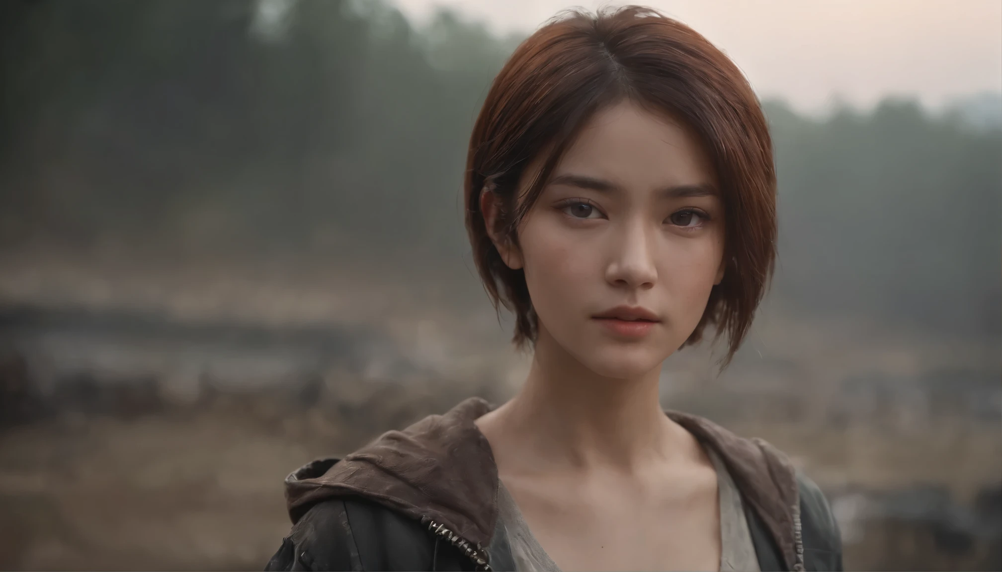 A breathtakingly beautiful girl, Radiant and charming eyes, Cold and intense, Short hair, Sweaty body, Post-apocalyptic punk shirt, Short shorts, boot, Ultra photo realsisim, Realistic, best quality real texture skin, movie atmosphere, Tattered clothes, (Post-apocalyptic punk, Post-apocalyptic fiction), A post-apocalyptic world where buildings collapse, (blood stain), The art of Rei Kurahashi, Haunting and solemn, A beam of light shines through, Illuminate the gloomy environment, (Best quality, Masterpiece, Depth of field, Full-HD, 4K, Richness of detail), Portrait style,Upper body