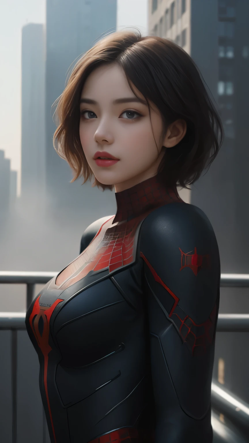 (1girl:1.3), Solo, (((Very detailed face)))), ((Very detailed eyes and face)))), Beautiful detail eyes, Body parts__, Official art, Unified 8k wallpaper, Super detailed, beautiful and beautiful, beautiful, masterpiece, best quality, original, masterpiece, super fine photo, best quality, super high resolution, realistic realism, sunlight, full body portrait, amazing beauty, dynamic pose, delicate face, vibrant eyes, (from the front), She wears Spider-Man suit, red and black color scheme, spider, very detailed city roof background, rooftop, overlooking the city, detailed face, detailed complex busy background, messy, gorgeous, milky white, highly detailed skin, realistic skin details, visible pores, clear focus, volumetric fog, 8k uhd, DSLR, high quality, film grain, fair skin, photo realism, lomography, futuristic dystopian megalopolis, translucent,cool beauty,tall girl,short hair,Precisely expresses details such as face and skin texture,beautiful eye, double eyelid,delicate skin,slender body shape,alone,big breasts,