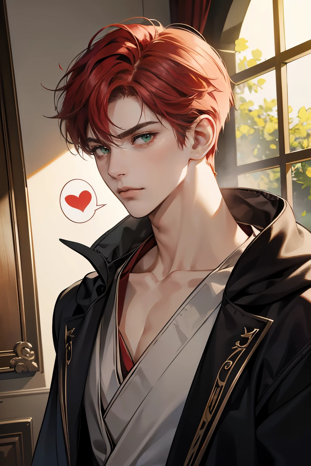 1boy, male wizard, adult male, handsome and tall, {red hair, green eyes, sanpaku, wizard clothing, angry, blush, tsundere}, looking at viewer, spoken heart, collarbones, jewelry, portrait, official art, dramatic angle, ray tracing, dramatic lighting, art style, best illumination, best shadow, an extremely delicate and beautiful, best quality, ultra-detailed, absurdres, depth of field