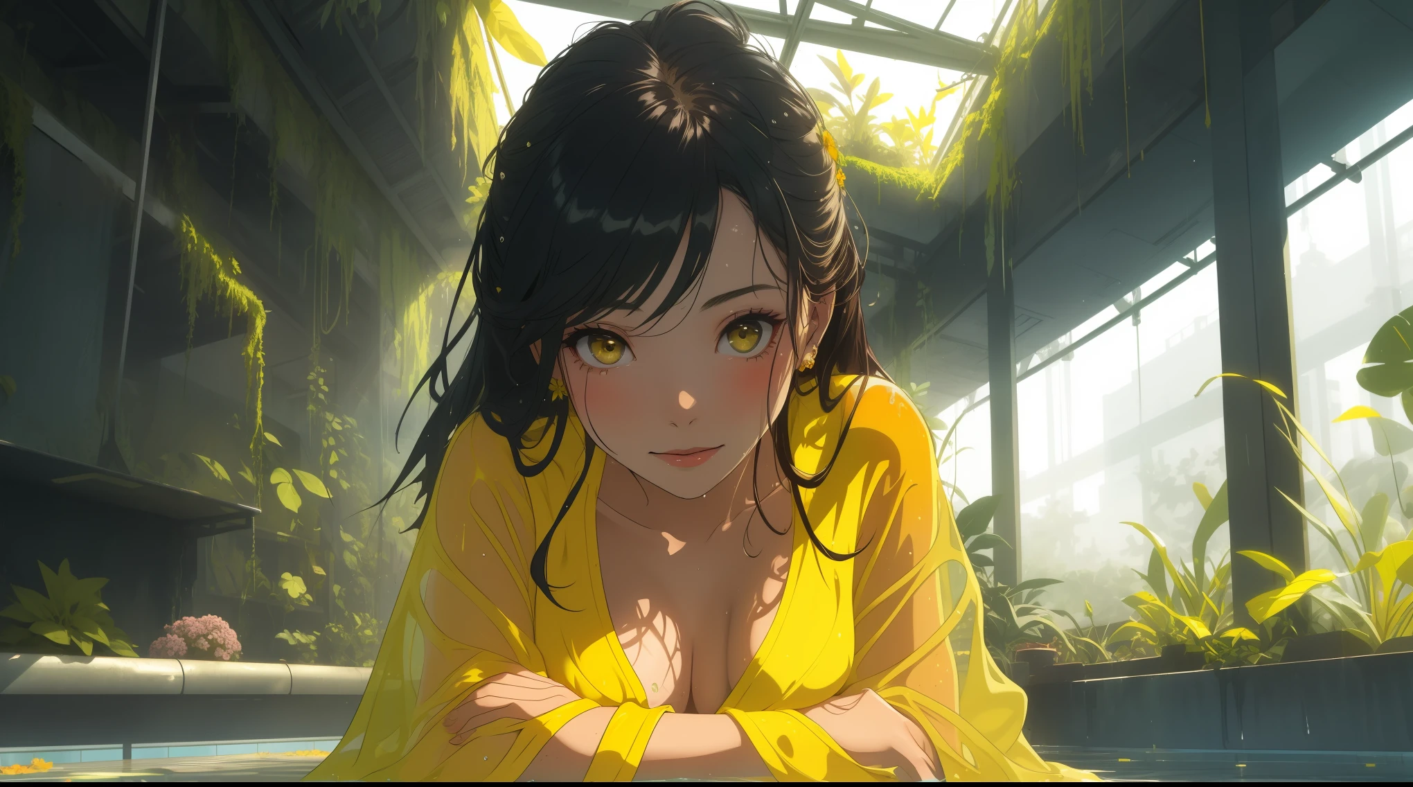 1girl, beautiful woman, she is sitting in abandoned metallic Framing Construction with water floor and moss and humid and plant and colorful flowers garden, wet, wettings, sunlit, blue sky, (close up), yellow fashion, face focus, (transparent yellow bathrobe, naked)