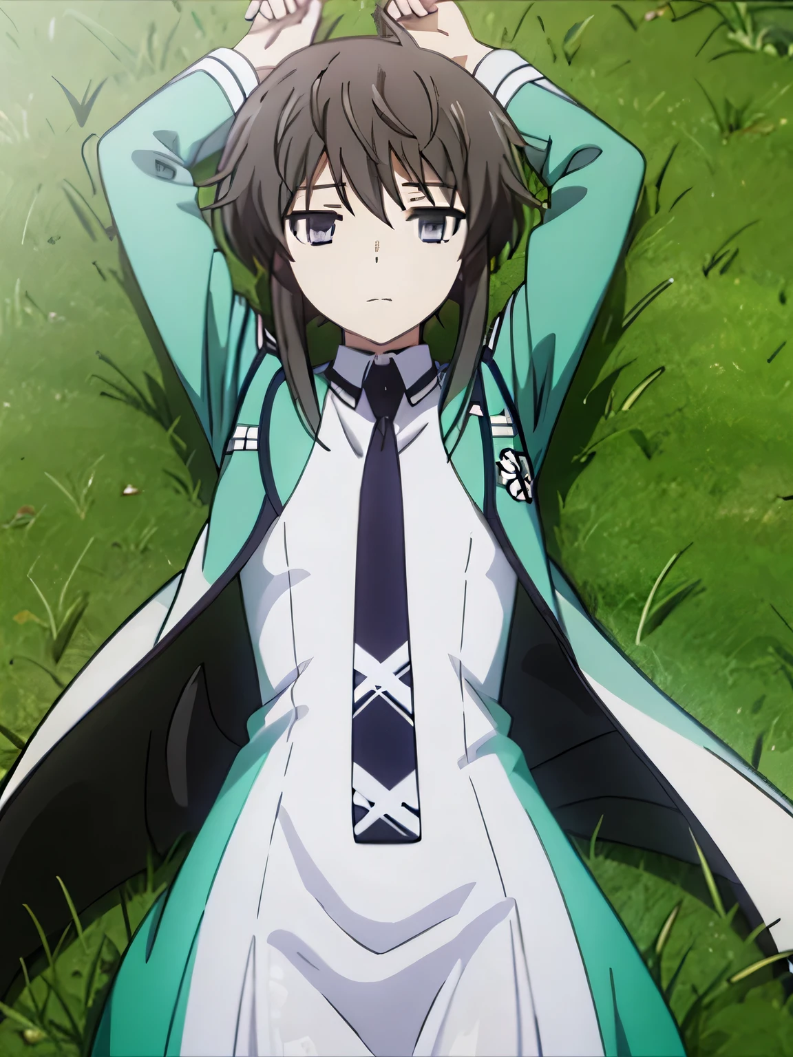 solo, 1girl, looking at viewer, 2D, anime, anime coloring, cowboy shot, shizuku kiyayama, school uniform, jacket, necktie, looking at viewer, closed mouth, expressionless, lying, on back, on grass, spread arms, arms up,