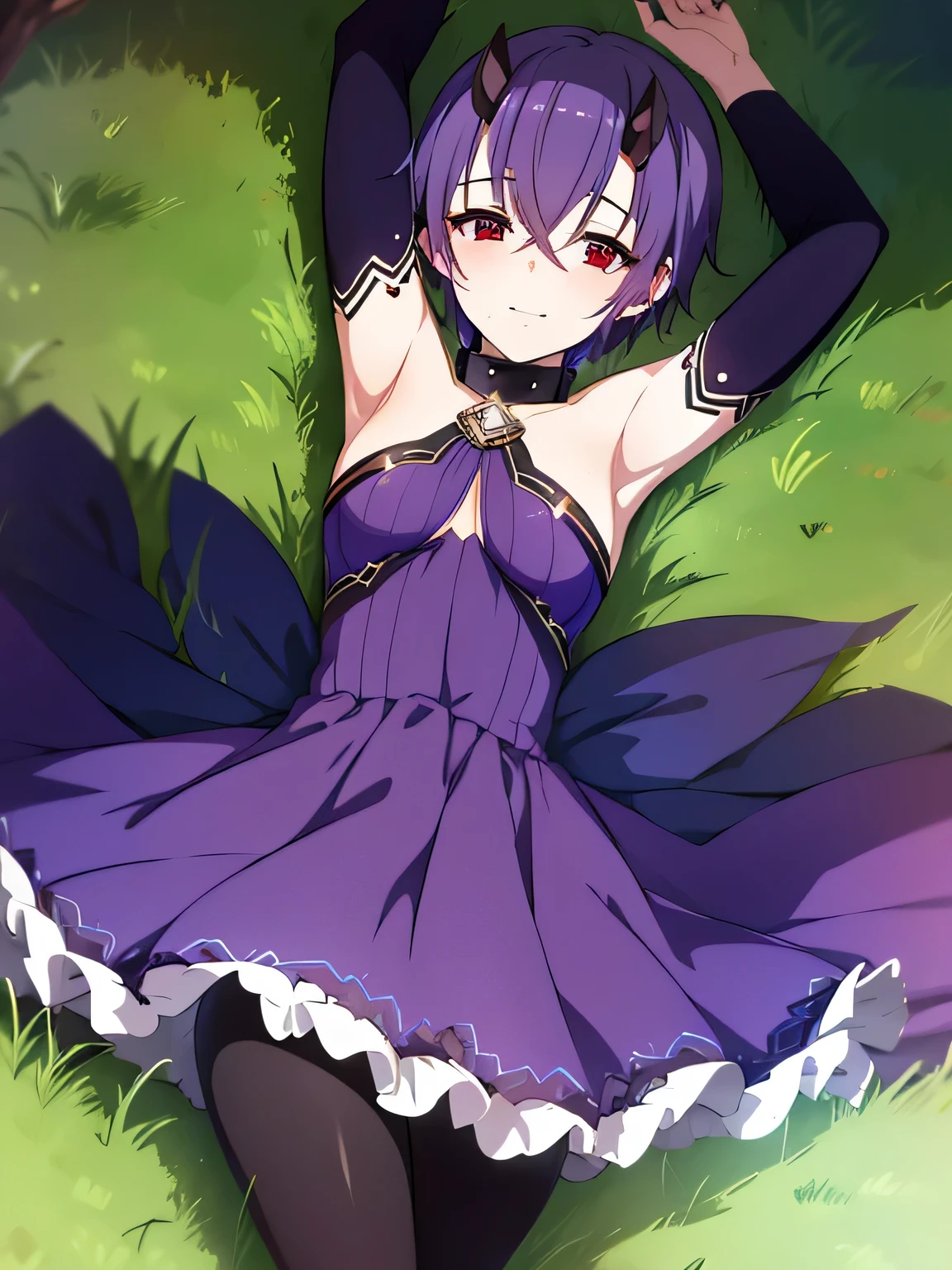 Purple hair, short hair, red eyes, purple dress, black tights, collar, slender, small breasts, young girl, high quality solo, cowboy shot, lying, on back, on grass, spread arms, shy smile, arms up,