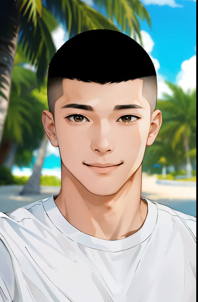 (High resolution, super detailed)、A park near the sea in Miami, USA、skin head、A smile full of compassion、good looking、Handsome guy、Japanese、aldult、white t-shirt、beautiful brown eyes、Beautiful depiction of light and shadow
