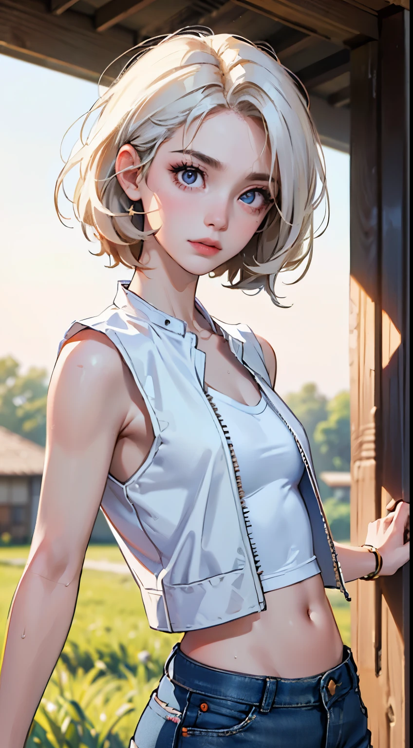 ((((masterpiece, best quality, high resolution)))), Extremely detailed 8K, Beautiful girl with slim figure, (ultra high definition, Super detailed, Very detailed, Highly realistic, hyper-realistic, Shoot real), (1 girl:1.5), (realistic white hair), Short curly hair, bob cut, (dynamic poses), face camera, faint smile, purple eyes, average breasts, (Beautiful and delicate face, Beautiful and delicate eyes), (white vest, thin material), split, Dark denim shorts, glow, Sweat, (Sunlight, Sunlight)