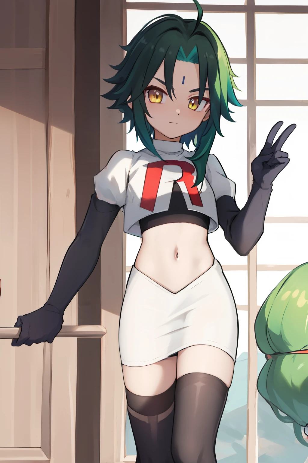 absurdres,xiao, 1boy, male focus, trap,green haired boy, yellow eyes, dead eyes, small gem on forehead,crossdressing,1boy,team rocket,team rocket uniform,white skirt,red letter R,crop top,black thigh-highs,black elbow gloves