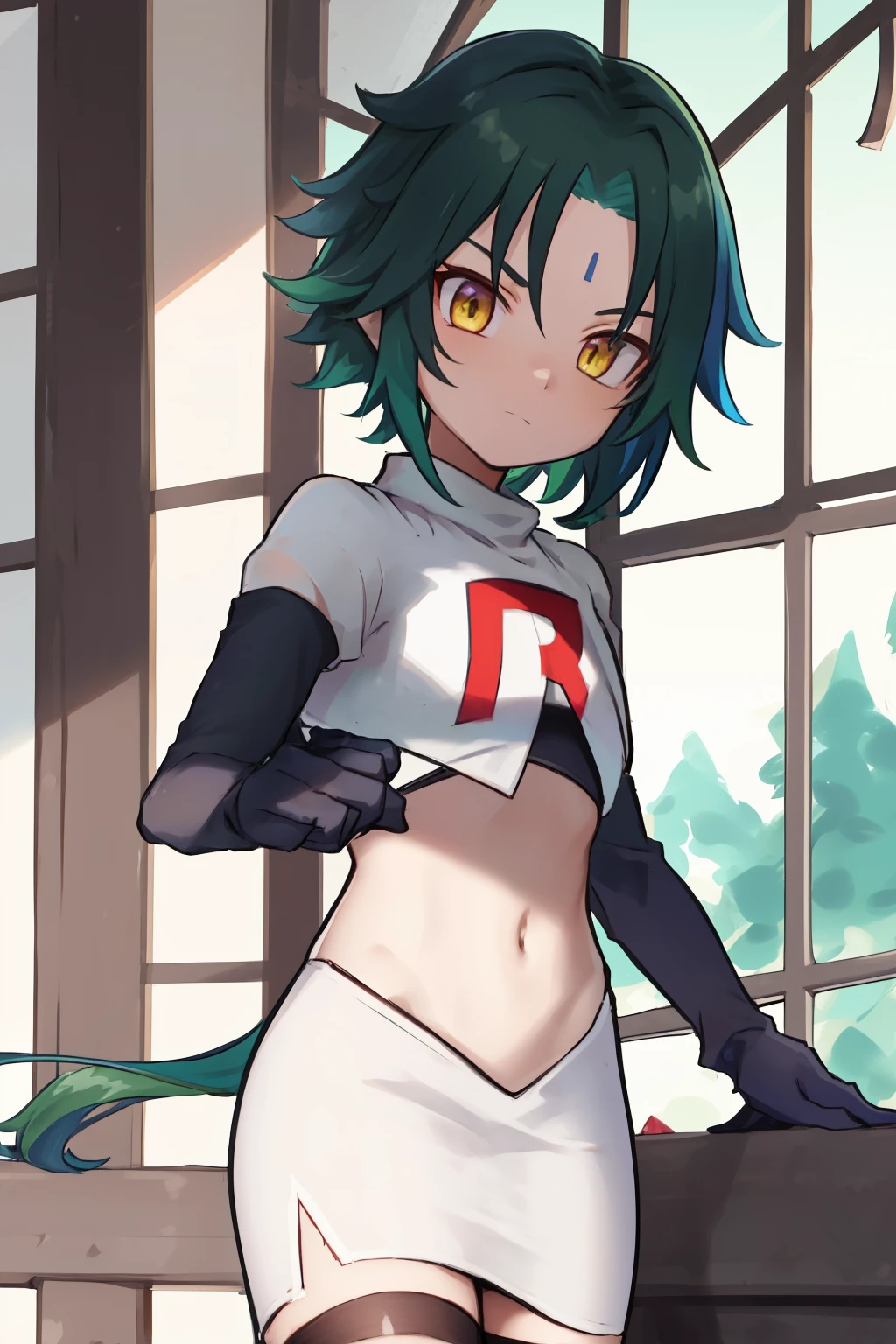 absurdres,xiao, 1boy, male focus, trap,green haired boy, yellow eyes, dead eyes, small gem on forehead,crossdressing,1boy,team rocket,team rocket uniform,white skirt,red letter R,crop top,black thigh-highs,black elbow gloves