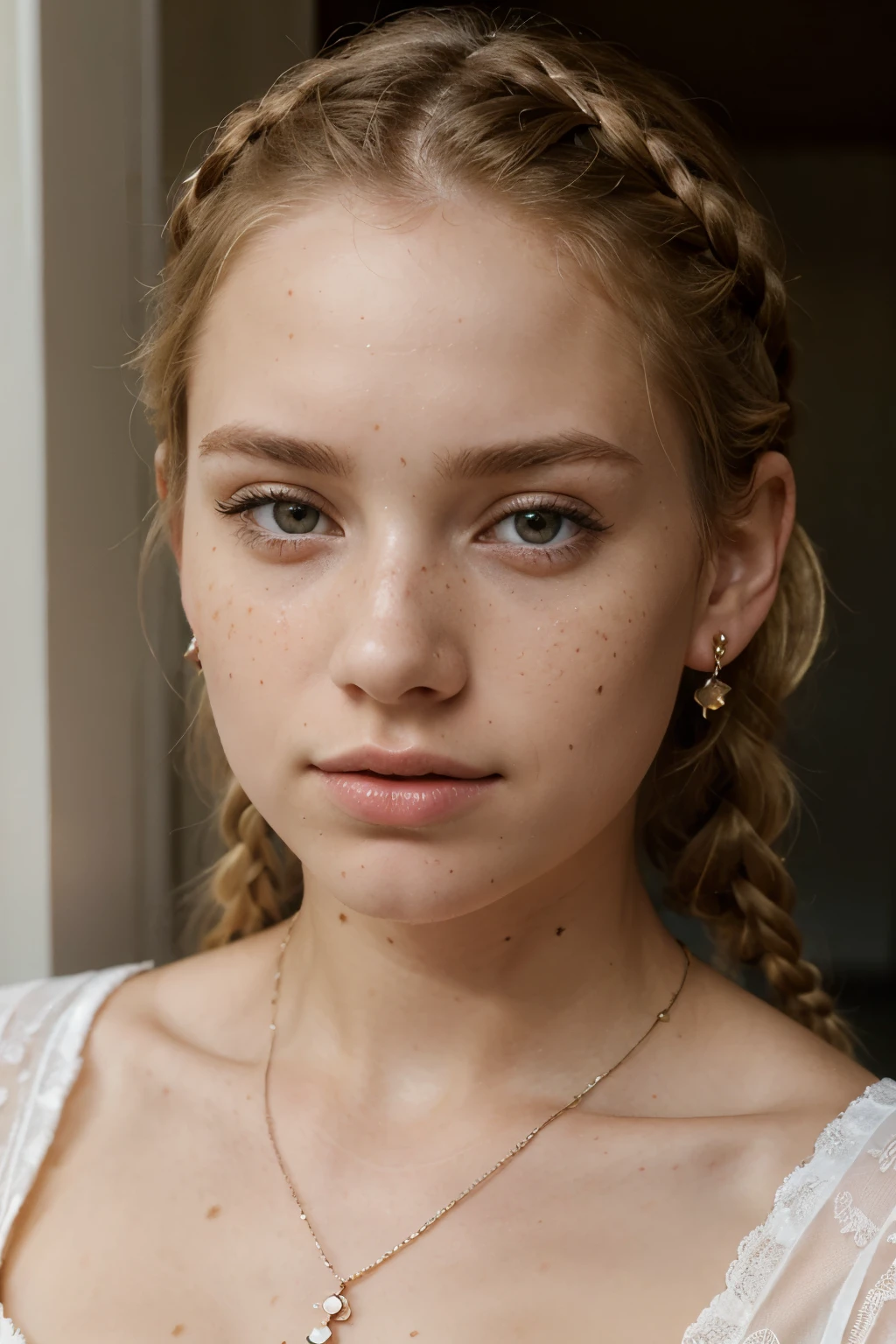 masterpiece, photorealistic, close up face portrait, 1 lady, alluring woman, open mouth, open lips, surprised, blowjob, , blonde, sofisticated, jewelery, necklace , earings, piercings, young beautiful, cute freckles, realistic skin textures, skin imperfections, twin braids, young girl, freckled,blonde, freckled pale skin, anna nikonova aka newmilky, lacey