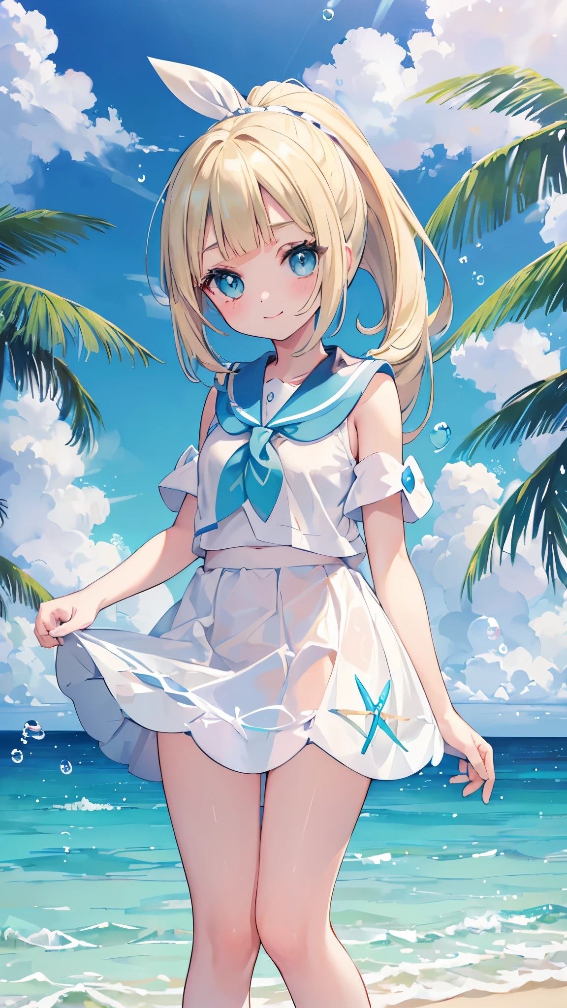 ((masterpiece)), disorganized, ((Lillie_Pokemon)), aqua eye, blonde,ponytail、beautiful white skin、white ribbon, white sailor suit、white pleated skirt , No sleeve, ((charming))、smile、perfect proportions、On a peaceful tropical sandy beach、((look at the sea))、((angle from below))、water droplets、