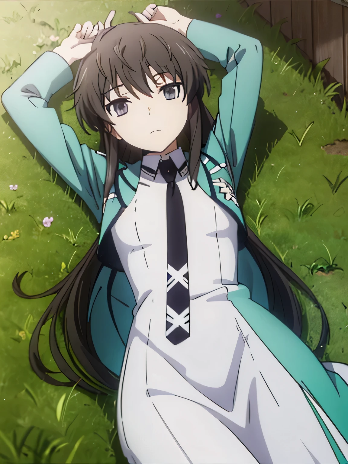 solo, 1girl, looking at viewer, 2D, anime, anime coloring, cowboy shot, shizuku kiyayama, school uniform, jacket, necktie, looking at viewer, closed mouth, expressionless, lying, on back, on grass, spread arms, arms up,