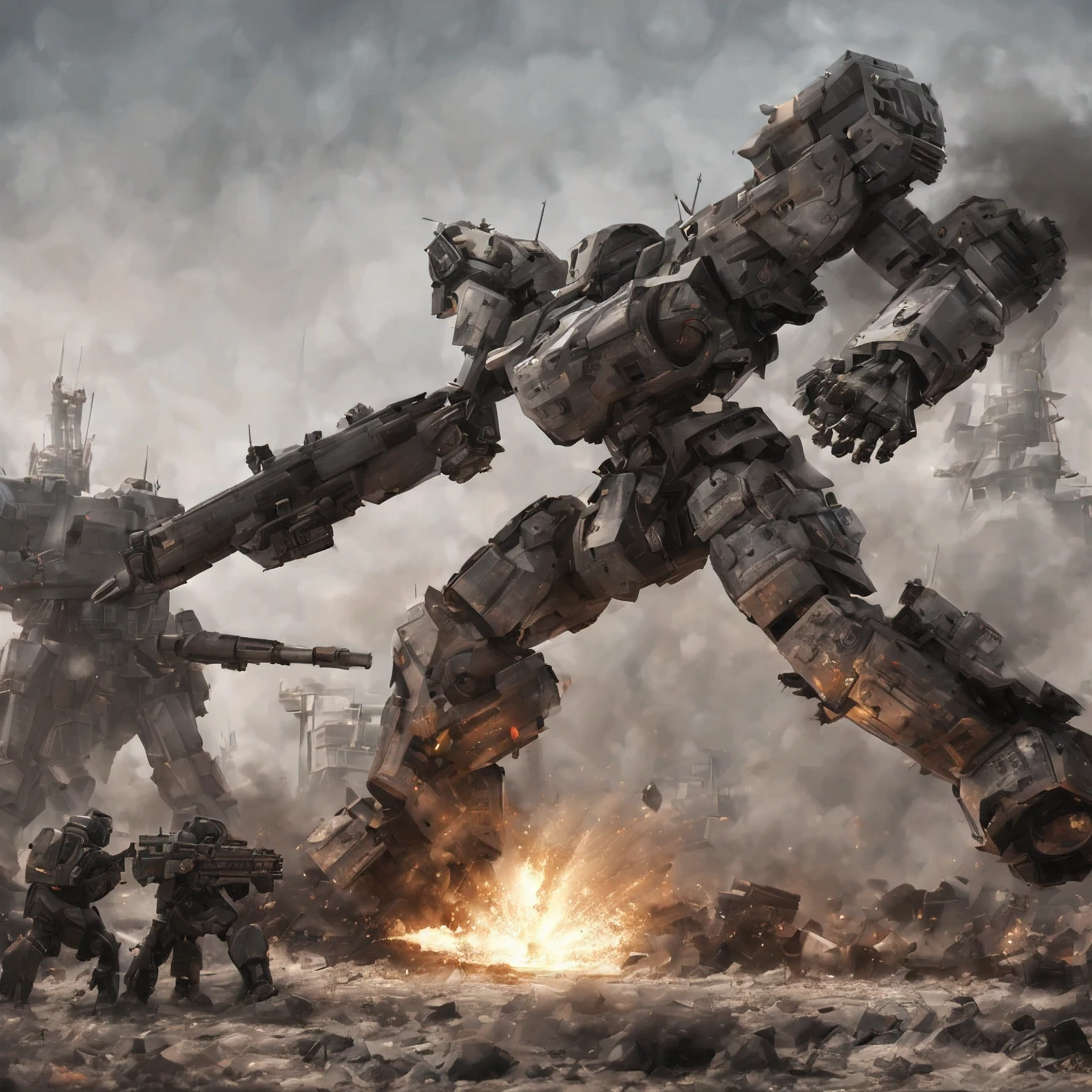A giant robot is standing, calm head, combat readiness, rifle, missile pod, machine gun, Huge cannon, very detailed, battlefield, fire, cigarette, explosion, armored core style,