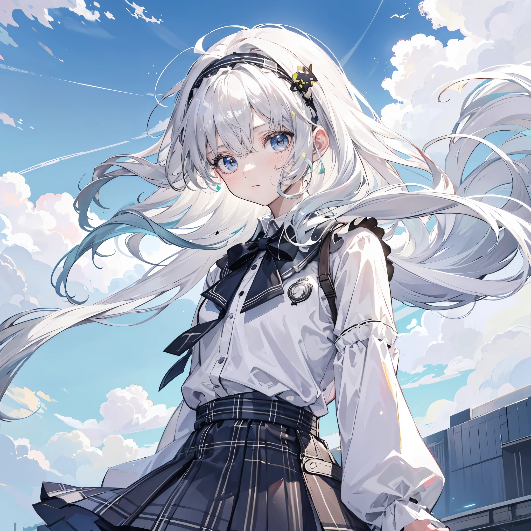 white hair,gray eyes,long hair,Bangs,green hairband,cute,Girl JK,Plaid skirt,The background is blue sky and white clouds