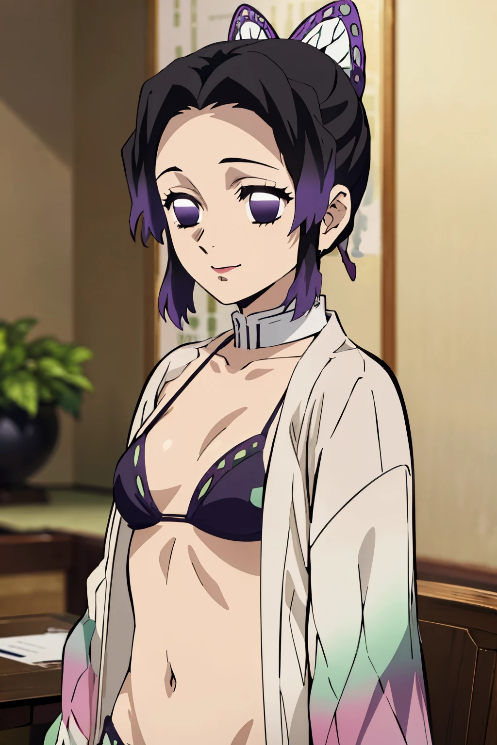 EFT_Shinobu, 1girl, kochou shinobu, butterfly hair ornament, solo, hair ornament, purple hair, multicolored hair, purple eyes, black hair, (bikini), gradient hair, haori, short hair, empty eyes, parted bangs, no pupils, bangs, seductive smile, looking at viewer, blurry background, indoors, upper body, ((masterpiece)), best quality, high detailed illustration, high detailed background, hi-res