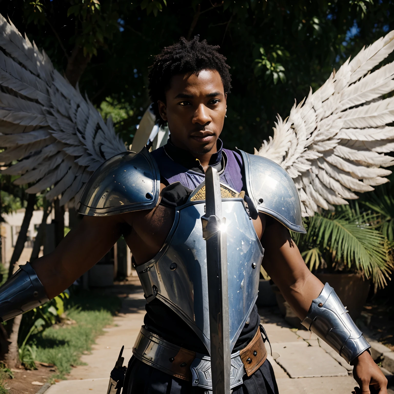 Male African American paladin, big sword, wings