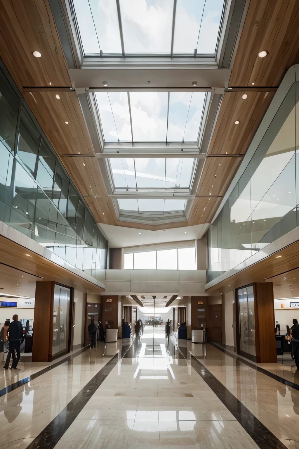 imagine a spacious lobby perspective of an international airport, deconstructivism style , designed by Zaha Hadid , photorealistic ,use wood as an accent cladding for huge glass windows that serves as its sun shading, high ceiling, modern expensive materials like combine marble and wood, high detail, Hyperrealism