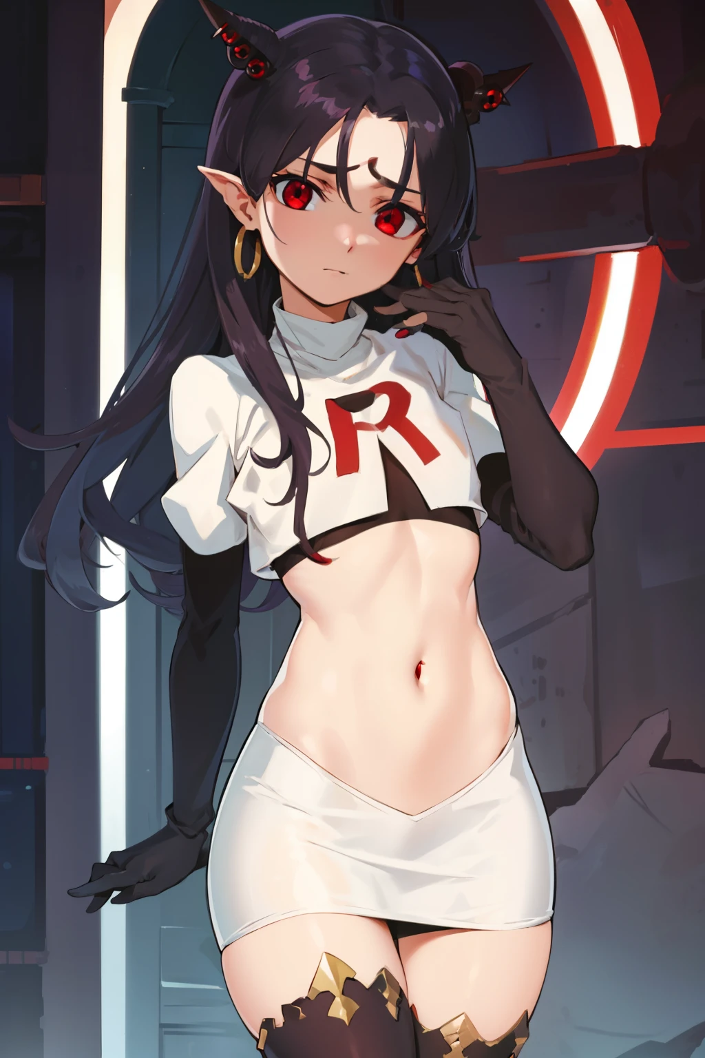 ishtar, ishtar yd, ahoge, black bow, bow, black hair, earrings, hair bow, hair ornament, jewelry, long hair, (red eyes:1.5), (parted bangs:1.5), (small breast:1.2),
BREAK team rocket,team rocket uniform,white skirt,red letter R,crop top,black thigh-highs,black elbow gloves
BREAK looking at viewer, cowboy shot,
BREAK (masterpiece:1.2), best quality, high resolution, unity 8k wallpaper, (illustration:0.8), (beautiful detailed eyes:1.6), extremely detailed face, perfect lighting, extremely detailed CG, (perfect hands, perfect anatomy),