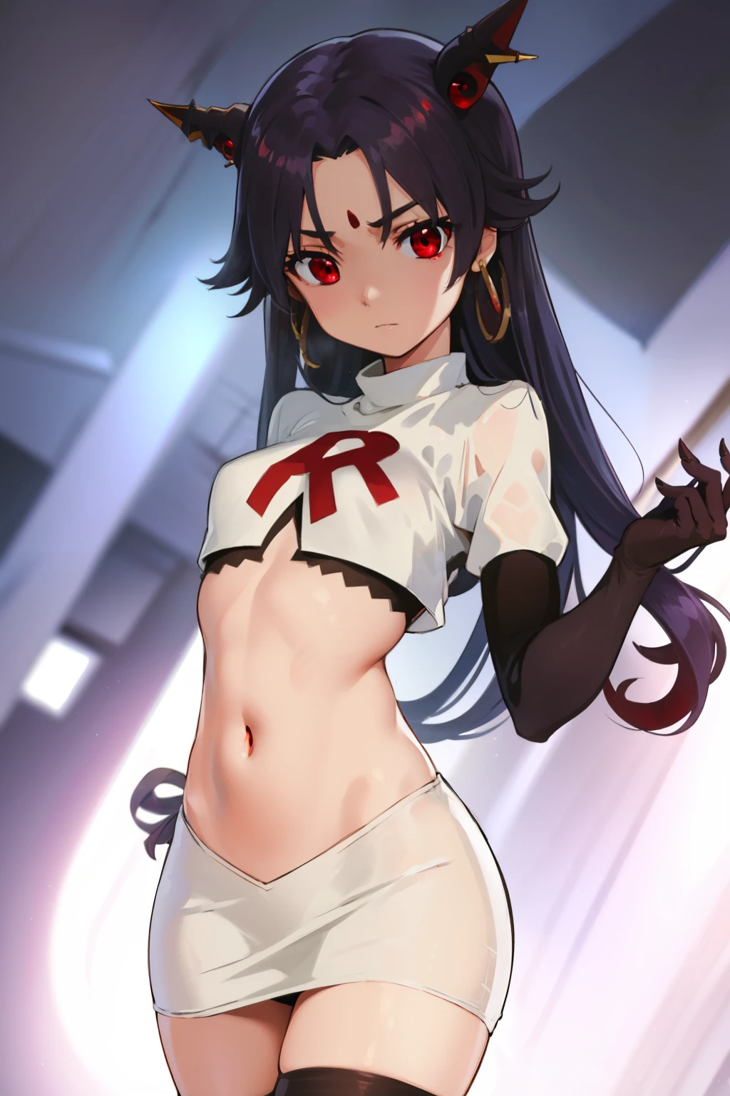 ishtar, ishtar yd, ahoge, black bow, bow, black hair, earrings, hair bow, hair ornament, jewelry, long hair, (red eyes:1.5), (parted bangs:1.5), (small breast:1.2),
BREAK team rocket,team rocket uniform,white skirt,red letter R,crop top,black thigh-highs,black elbow gloves
BREAK looking at viewer, cowboy shot,
BREAK (masterpiece:1.2), best quality, high resolution, unity 8k wallpaper, (illustration:0.8), (beautiful detailed eyes:1.6), extremely detailed face, perfect lighting, extremely detailed CG, (perfect hands, perfect anatomy),