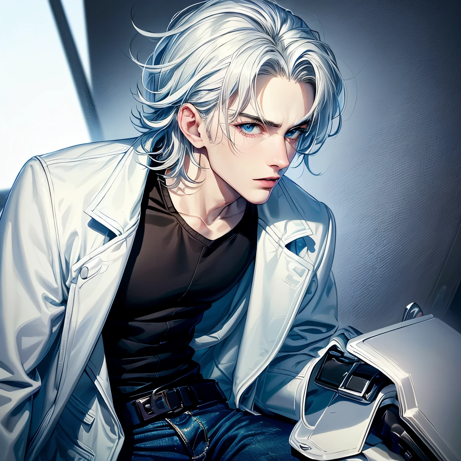 ((melhor qualidade)), ((obra de arte)), (detalhado), rosto perfeito A 24 year old young adult male with short messy white hair, bright blue eyes, white jacket with blue trim, black shirt underneath, black pants, riding a motorcycle