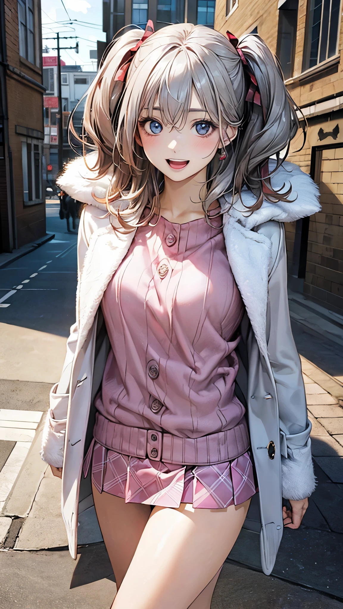(masterpiece:1.2, top-quality), (realistic, photorealistic:1.4), beautiful illustration, (natural side lighting, movie lighting), nsfw,
looking at viewer, 1 girl, japanese, high school girl, perfect face, cute and symmetrical face, shiny skin,
(middle hair:1.5, (two side up:1.2), silver hair), hair between eyes, big eyes, blue eyes, long eye lasher, (medium breasts), slender, dark red hair ribbon,
beautiful hair, beautiful face, beautiful detailed eyes, beautiful clavicle, beautiful body, beautiful chest, beautiful thigh, beautiful legs, beautiful fingers,
((white fur jacket, pink sweater, burberry check mini skirt)),
(beautiful scenery), evening, (street), standing, outstretched arms, (lovely smile, open mouth),