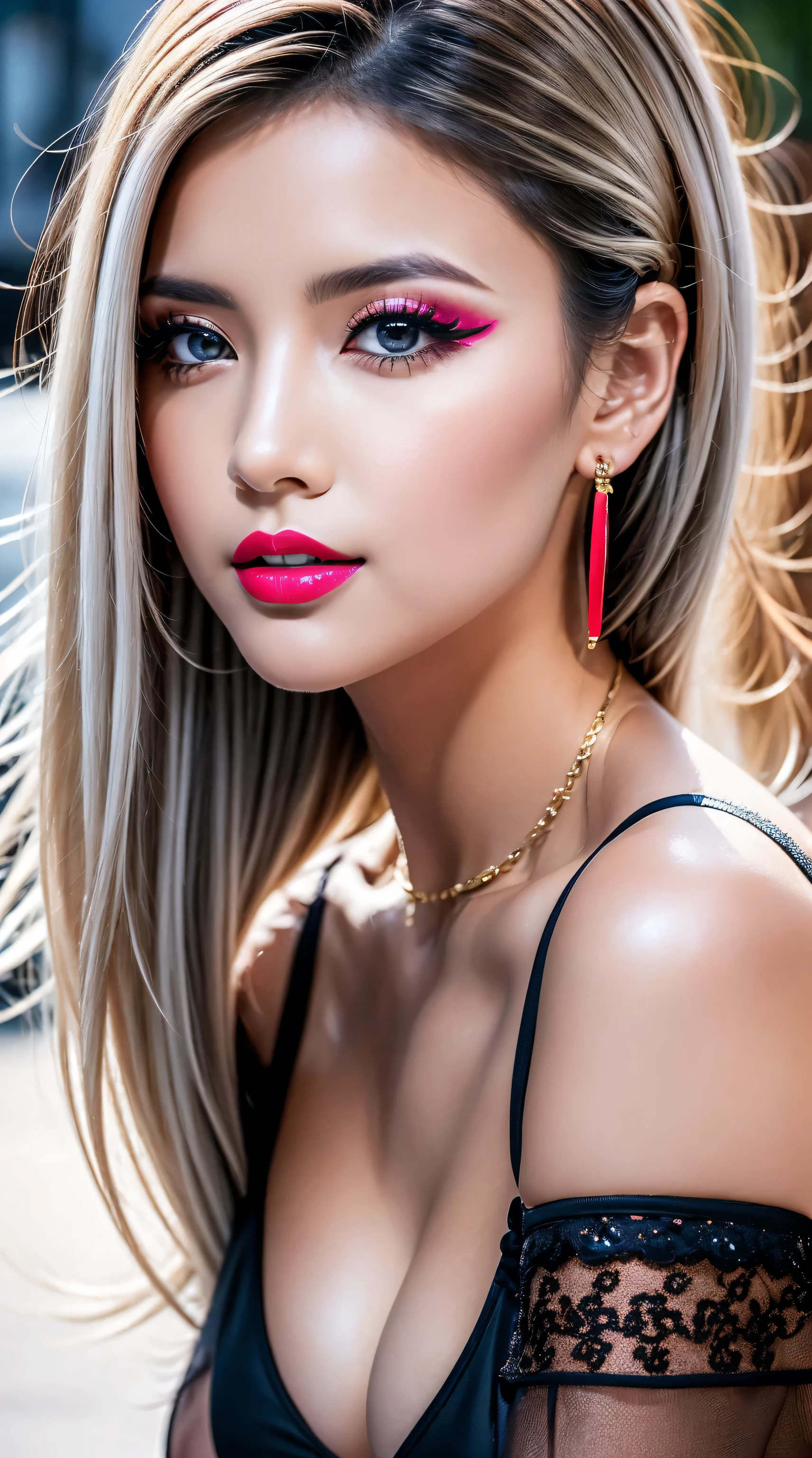 ((perfect round eyes))、dressed, ((Black, long, lace-up dress with lace white accessories:1.22)), (Ultra-realistic最high quality), (photo realistic:1.65), (realistic:1.65), (smoother lighting:1.05), (increase cinematic lighting quality:0.9), 32K, 1girl,25yo girl, realistic lighting, light on face, (Super beautiful)、(beautiful face:1.6)、(detailed face:1.6)、(detailed eyes:1.45)、(detailed lips:1.3)、(Detailed nose:1.2)、(cleavage:1.23)、(Increase body line mood:1.1), (Increase skin texture beauty:1.1), (pink_makeup:1.37), long_blue_eyeliner:1.42, (red_lipstick:1.32), iridescent eyes, with professional makeup, vibrant eyes:1.11, ((Glamour, paparazzi taking pictures of her)), ((very complicated Extravagant street outfit)), The attention to detail, Double eyelids, Wear an off-the-shoulder top, full bodyesbian,((Medium White hair:1.35)), ((brown_eyes:1.6)), contrast、dark shot:1.08、The ultra -The high-definition, (close-up)