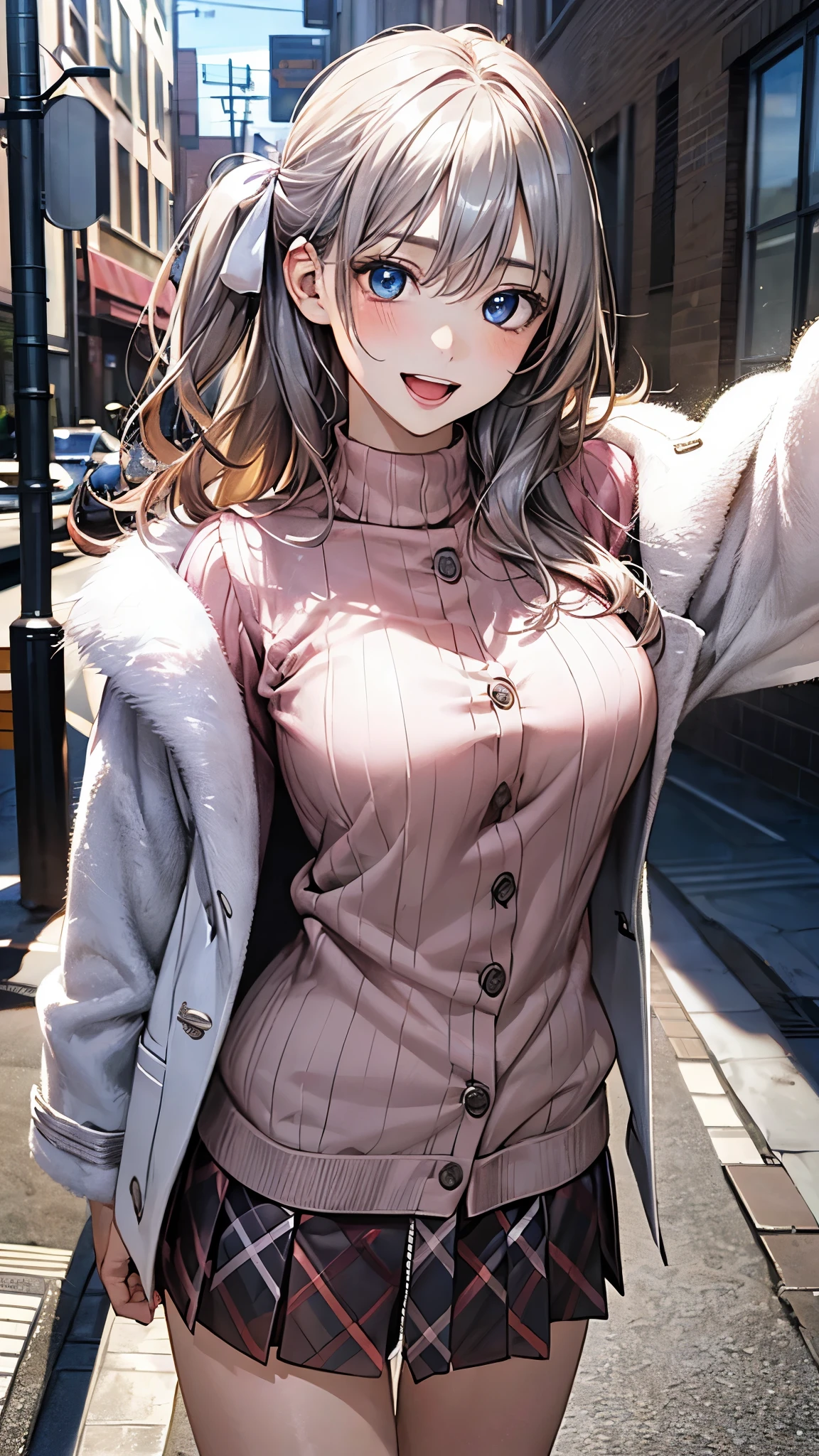 (masterpiece:1.2, top-quality), (realistic, photorealistic:1.4), beautiful illustration, (natural side lighting, movie lighting), nsfw,
looking at viewer, 1 girl, japanese, high school girl, perfect face, cute and symmetrical face, shiny skin,
(middle hair:1.5, (two side up:1.2), silver hair), hair between eyes, big eyes, blue eyes, long eye lasher, (medium breasts), slender, dark red hair ribbon,
beautiful hair, beautiful face, beautiful detailed eyes, beautiful clavicle, beautiful body, beautiful chest, beautiful thigh, beautiful legs, beautiful fingers,
((white fur jacket, pink sweater, burberry check mini skirt)),
(beautiful scenery), evening, (street), standing, outstretched arms, (lovely smile, open mouth),