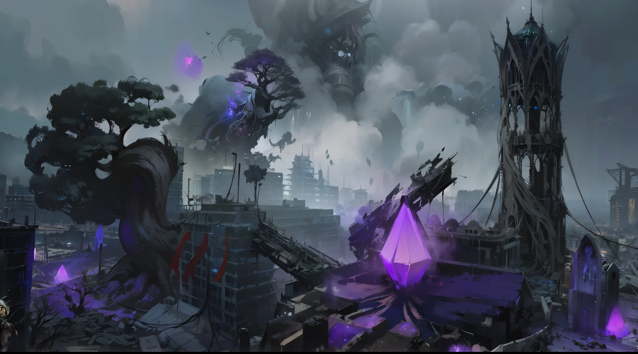 (((there is an anime elven tower in the middle of post-apocalyptic tokyo))), ((futuristic tokyo)), bioluminescent purple flowers, crystals, giant trees, wavering elven flags, city engulfed by mist, digital concept art of dystopian, matte painting arcane dota pixar, 4k highly detailed digital art, concept art ， highly rendered, warframe infested art, dota matte painting concept art, purple cyberpunk city, 4 k resolution concept art, dota! matte painting concept art, fantastic screenshot art, game art matte painting