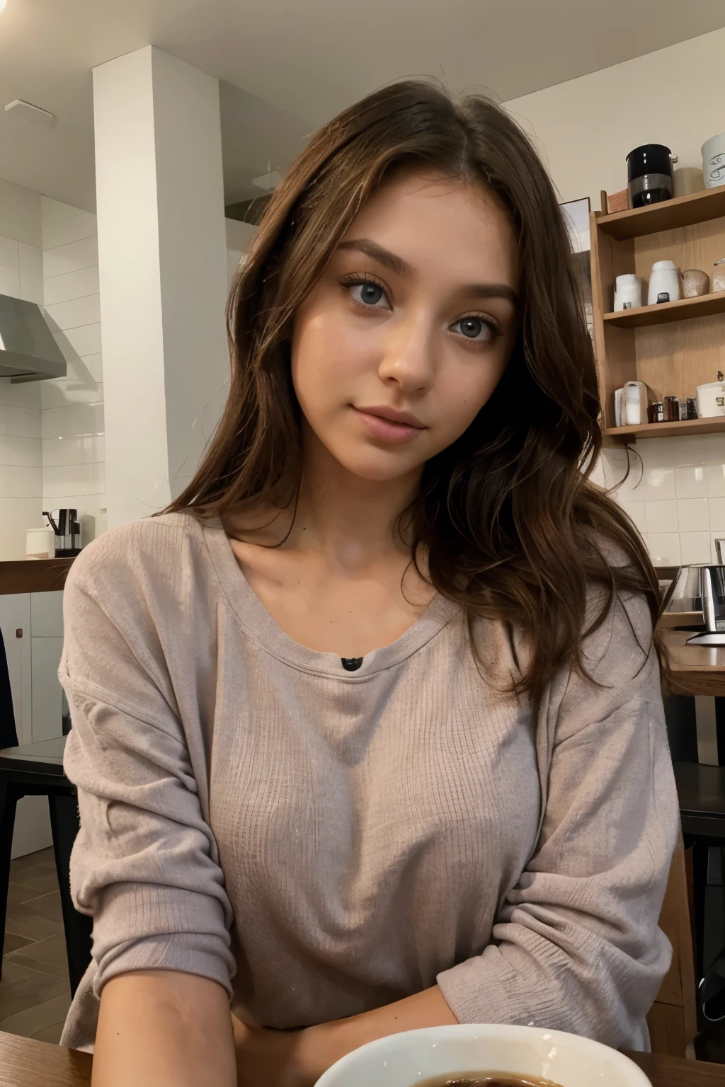 Generate: Realistic, amber haired girl
Face: brown eyes, small frekels (very low quantity), smooth small nose, ears part visible
Body: small waist, thick , hips: middle wide,
Environment: city balkony at early night
Lighting : dawn but generated person fully visible.
Wearing: ai generate:tight blue jeans
Make the face a little less smooth and add a few freckels to the nose and cheeks
Make it look like the person is taking a selfie, top down view
Make the eyes a litte smaller and more realistic
Aigenerate: yellow flower pullover cut out v-line