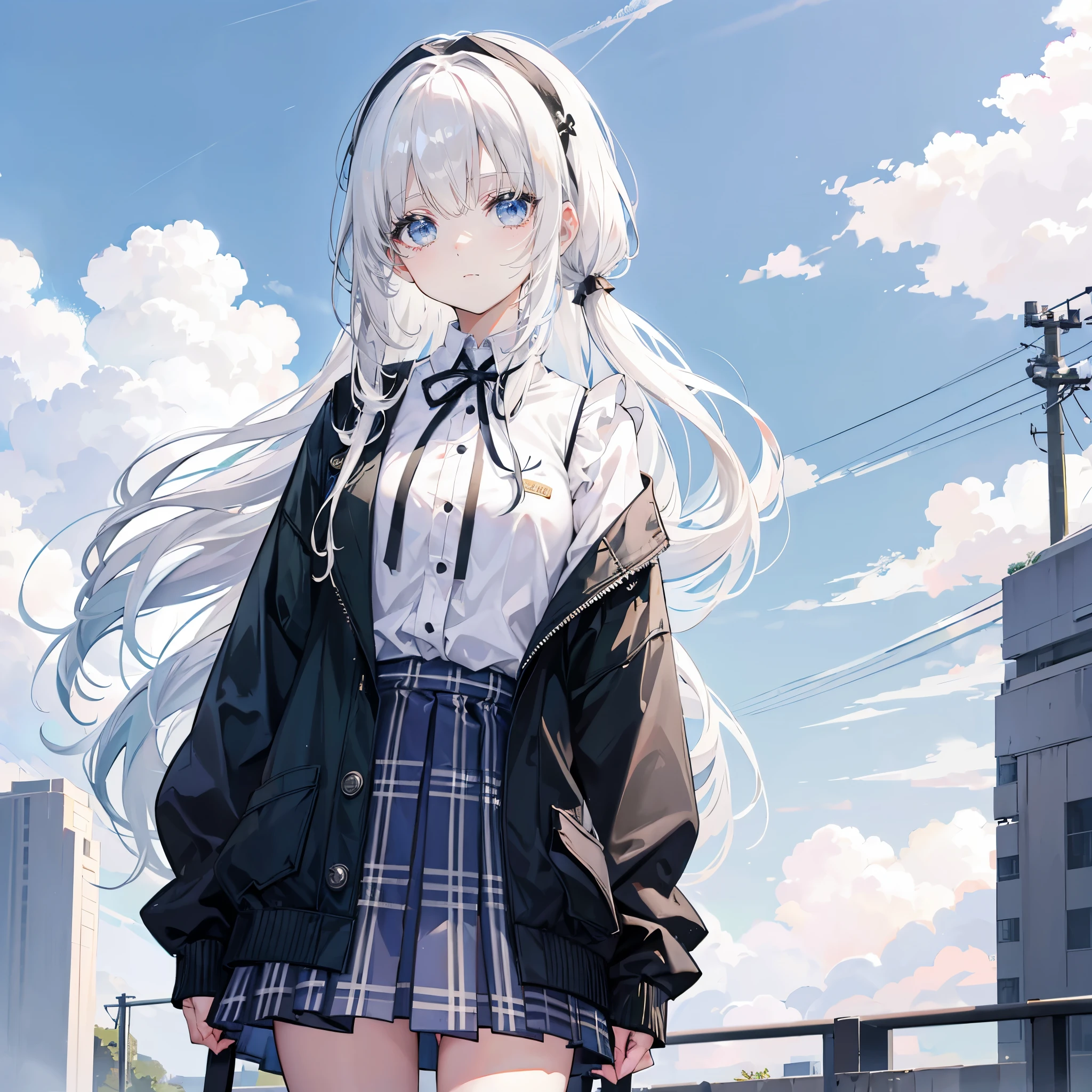 white hair，gray eyes，long hair，Bangs，green hairband，cute， Jk，Plaid skirt，The background is blue sky and white clouds