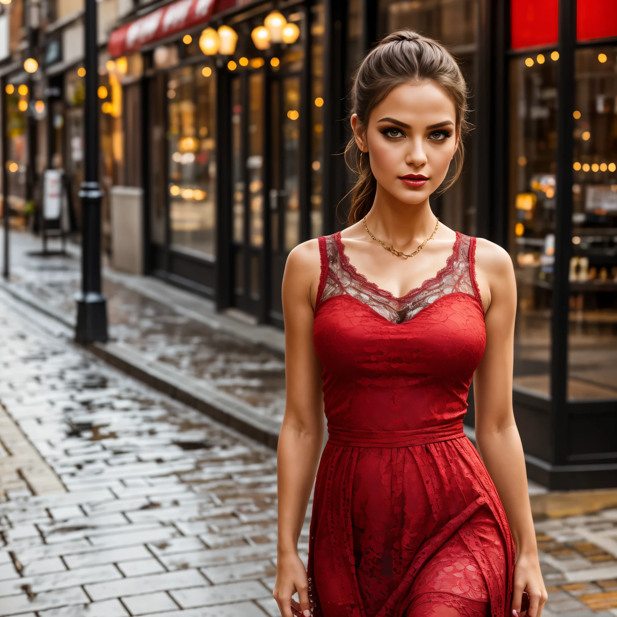 (best quality,8k, ((wearing lace maxi dress)),standing,red light district,highly detailed face and skin texture,detailed eyes,double eyelids),portrait,sunny atmosphere,soft focus,warm color tones,subtle backlighting,dewdrops on lashes,urban landscape,reflection on wet pavement,moody aesthetic. Body main focus,  