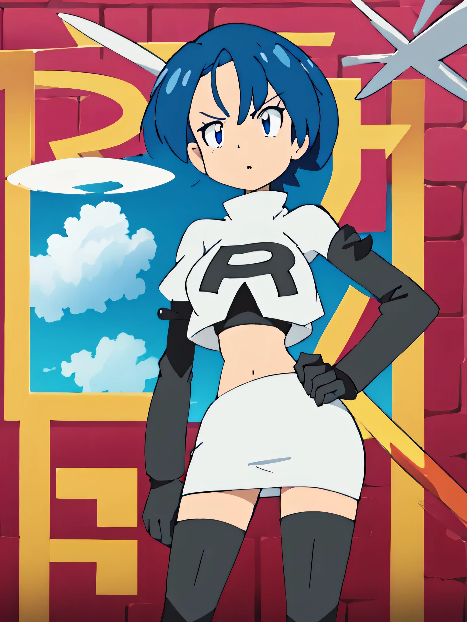 8k, ,1girl in, (solo:1.1), (perfect body:1.1), (best quality:1.1), very large breast, team rocket uniform, red letter r, white skirt,white crop top,black thigh-high boots, black elbow gloves, glaring angrily, looking down at viewer, hands on hips,zettai ryouiki,cowboy shot, Shamir